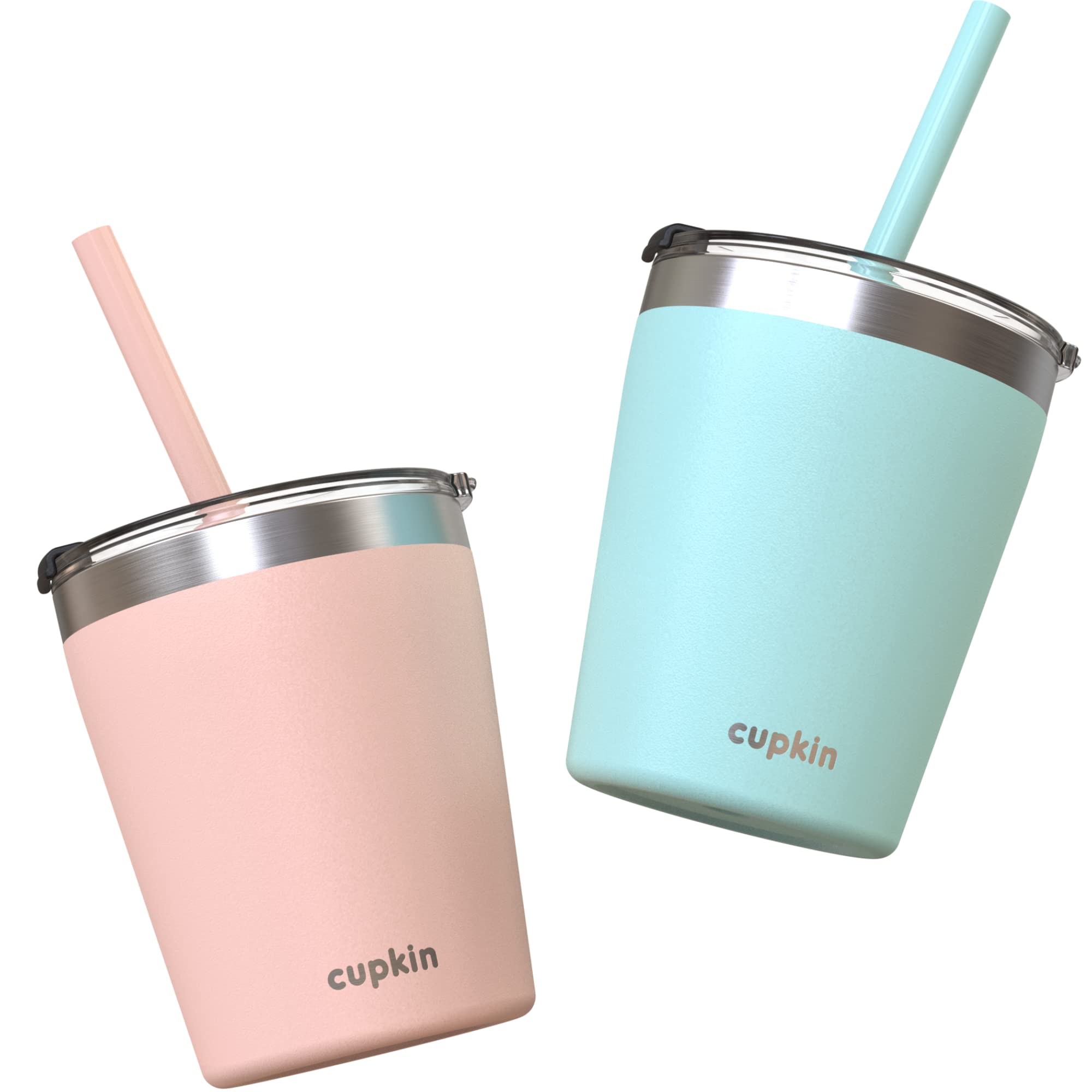 Cupkin Toddler Straw Cups - 8oz Stackable Stainless Steel Insulated Cups for Kids - BPA Free, Powder Coated, with Reusable Silicone Straws (Set of 2, Peach + Teal) - Perfect for Daycare, Travel & On-the-Go Hydration