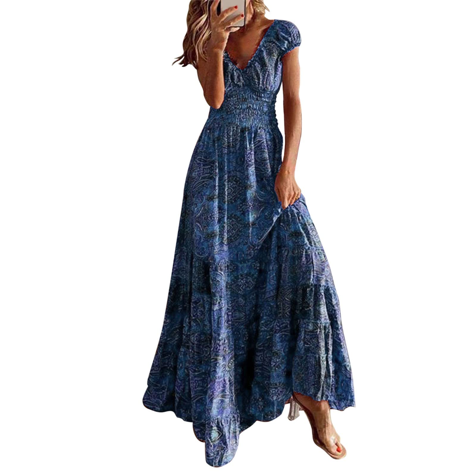 Floral Print High Waist Maxi Dress for Women - Vintage Ruched Sleeveless Wedding Guest Dress with Drawstring Waist | Perfect for Summer Weddings, Garden Parties & Formal Occasions