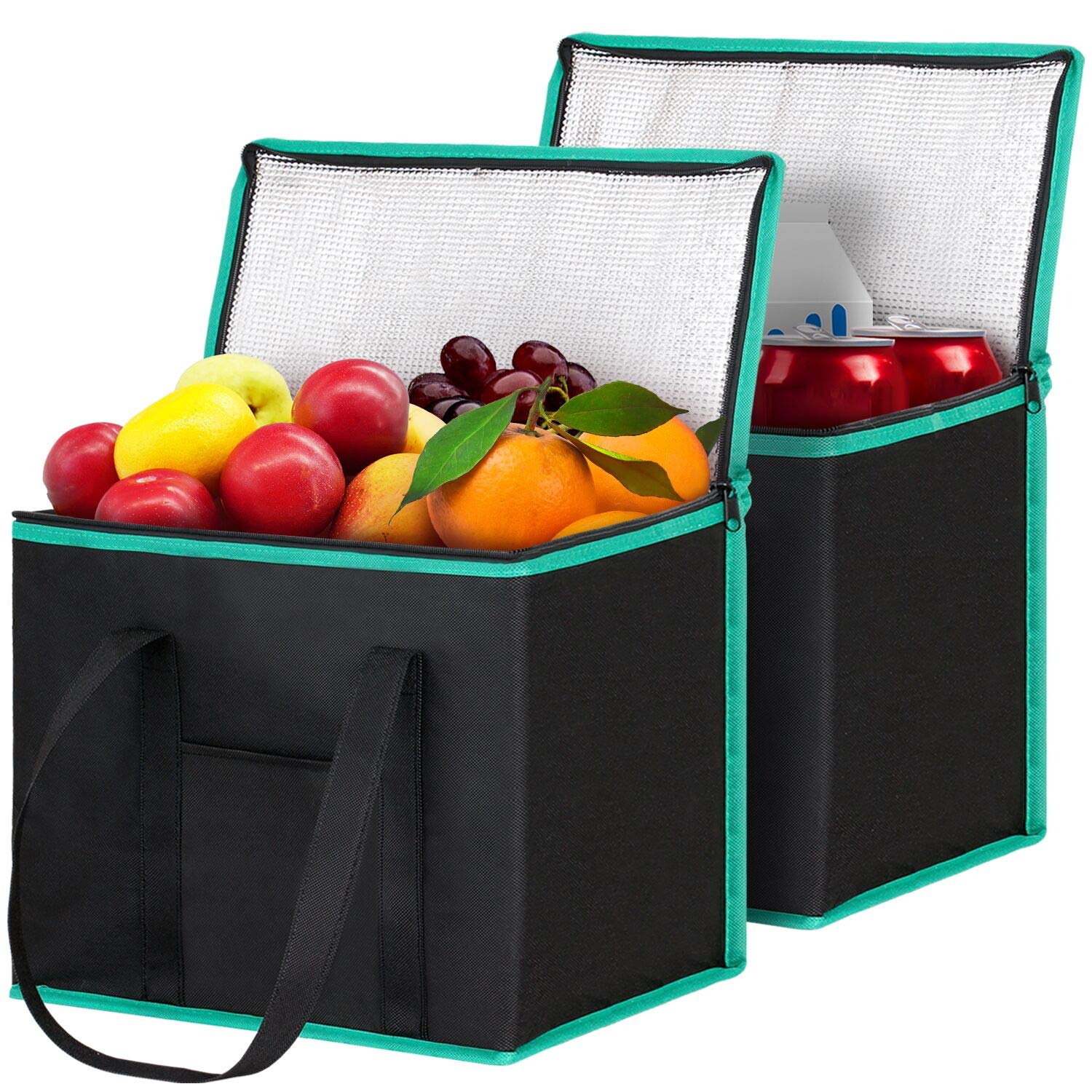 WISELIFE Insulated Reusable Grocery Bags [2 Pack] - Heavy Duty Thermal Shopping Bags with Zippered Top & Handles for Food Delivery, Picnic, Camping, Travel - Perfect for Keeping Groceries Fresh & Cold During Transport