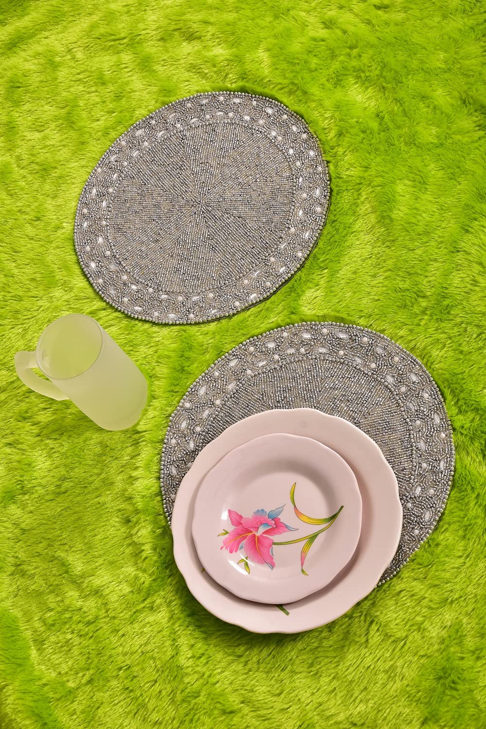 HM Creations Treasures Silver Beaded Placemats - Luxury 13x13 Inch Table Mats, Designer Charger Plates for Spring Dining Decor, Wedding & Holiday Table Settings (Set of 6)