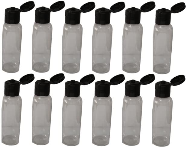 50ml PET Clear Round Plastic Bottles with 19mm Black Flip Top Cap - Leak Proof Squeeze Bottles for Cosmetics, Travel & DIY (Pack of 12) | Perfect for Essential Oils, Lotions & Travel-Sized Toiletries