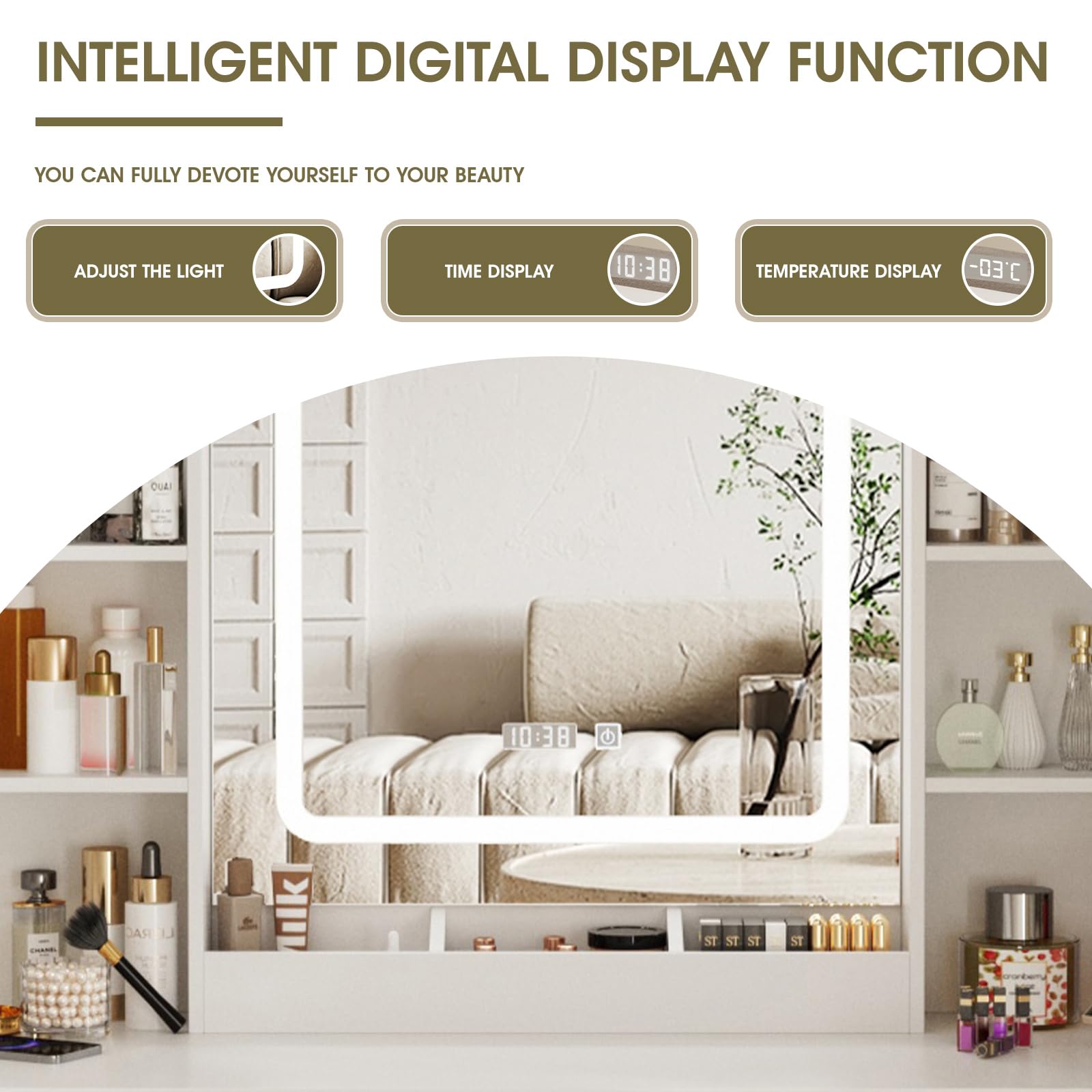 Vabches White Makeup Vanity Desk with LED Lights - Adjustable 3 Lighting Modes, 3 Drawers & 2 Cabinets, Built-in Clock & Temperature Display - Perfect for Bedroom, Dressing Room & Beauty Salon
