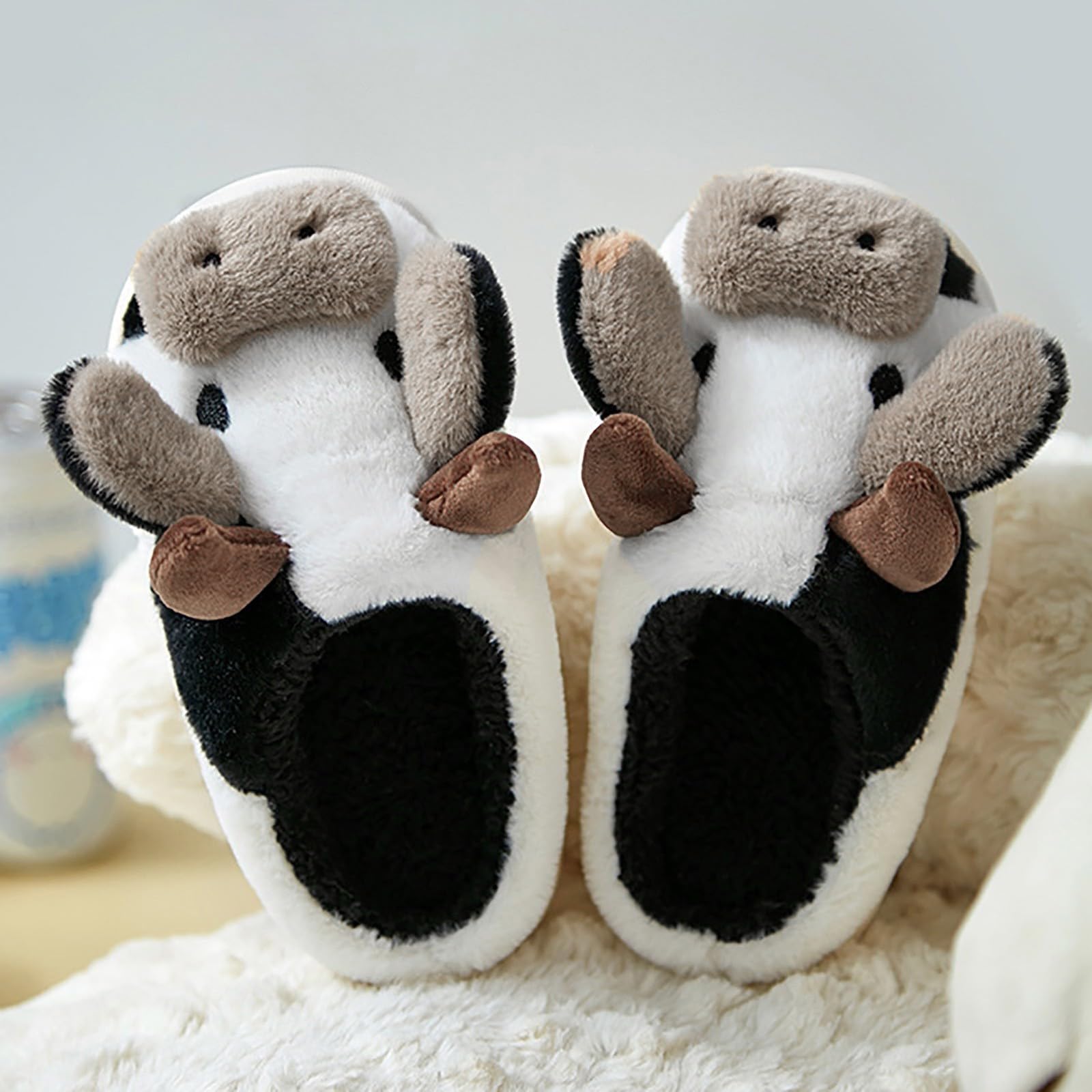 Momolaa Kids Cartoon Cow Cotton Slippers - Soft Fuzzy Indoor/Outdoor House Shoes for Boys & Girls - Warm Winter Bedroom Slippers for Home, School & Playtime