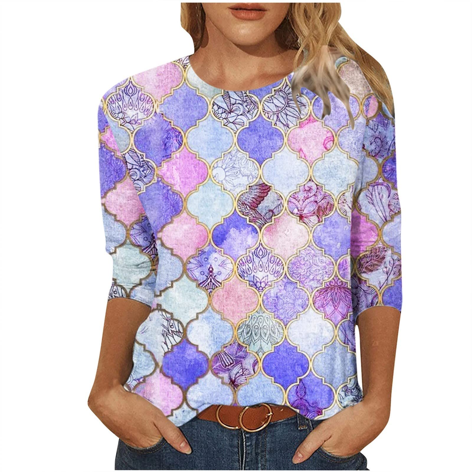 Women's Plus Size 3/4 Sleeve Summer T-Shirt - Geometric Print Casual Loose Blouse for Everyday Wear, Office & Outdoor Activities