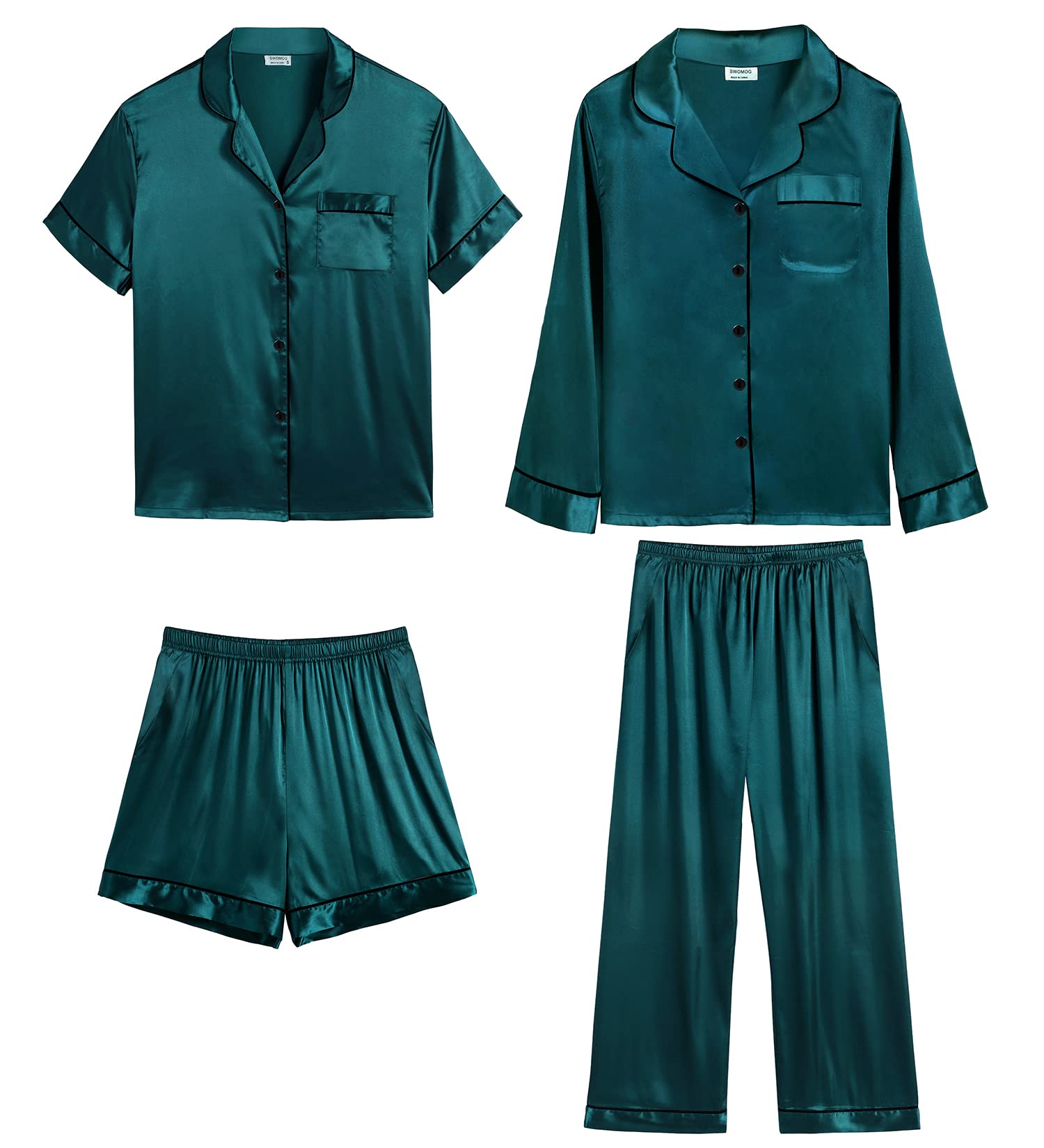 SWOMOG 4-Piece Men's Satin Pajama Set - Silk Button Down Sleepwear & Lounge Wear for Men - Soft & Comfortable Classic PJ Set - Perfect for Sleeping, Lounging & Relaxing at Home
