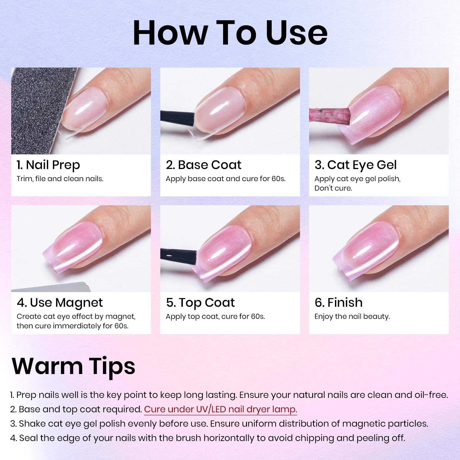 MIZHSE Cat Eye Gel Nail Polish Set - 6 Colors (Moonlight, Crystal Silver, Champagne, Pink, Green, Blue, Purple) with Magnet Stick | Magnetic French Manicure Kit | Gift for Nail Art Lovers | Perfect for Parties, Weddings & Special Occasions