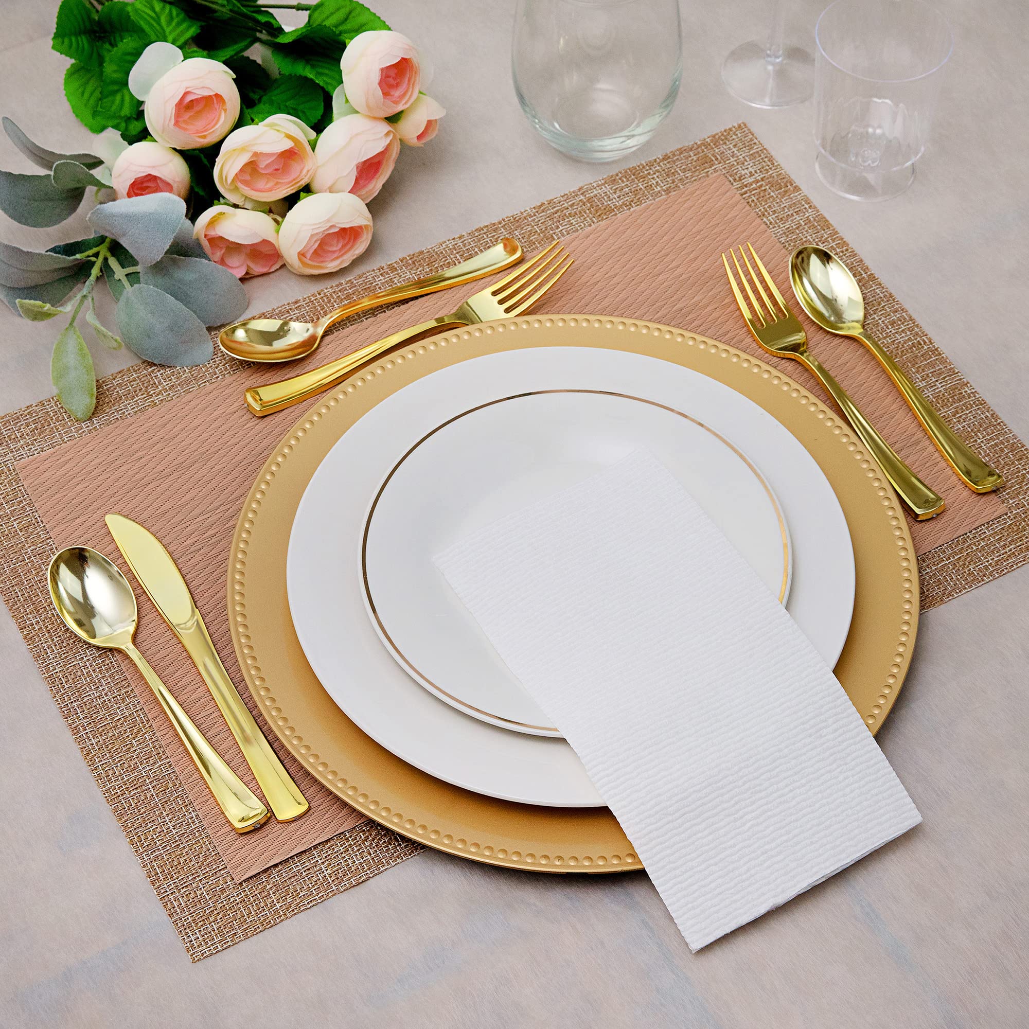 150-Piece Premium Heavy-Duty Gold Plastic Cutlery Set - 50 Forks, 50 Knives, 50 Spoons - BPA-Free Disposable & Reusable Gold Flatware for Parties, Weddings, Catering, Events - Elegant Dining for Home, Restaurant, Picnic & Outdoor Gatherings