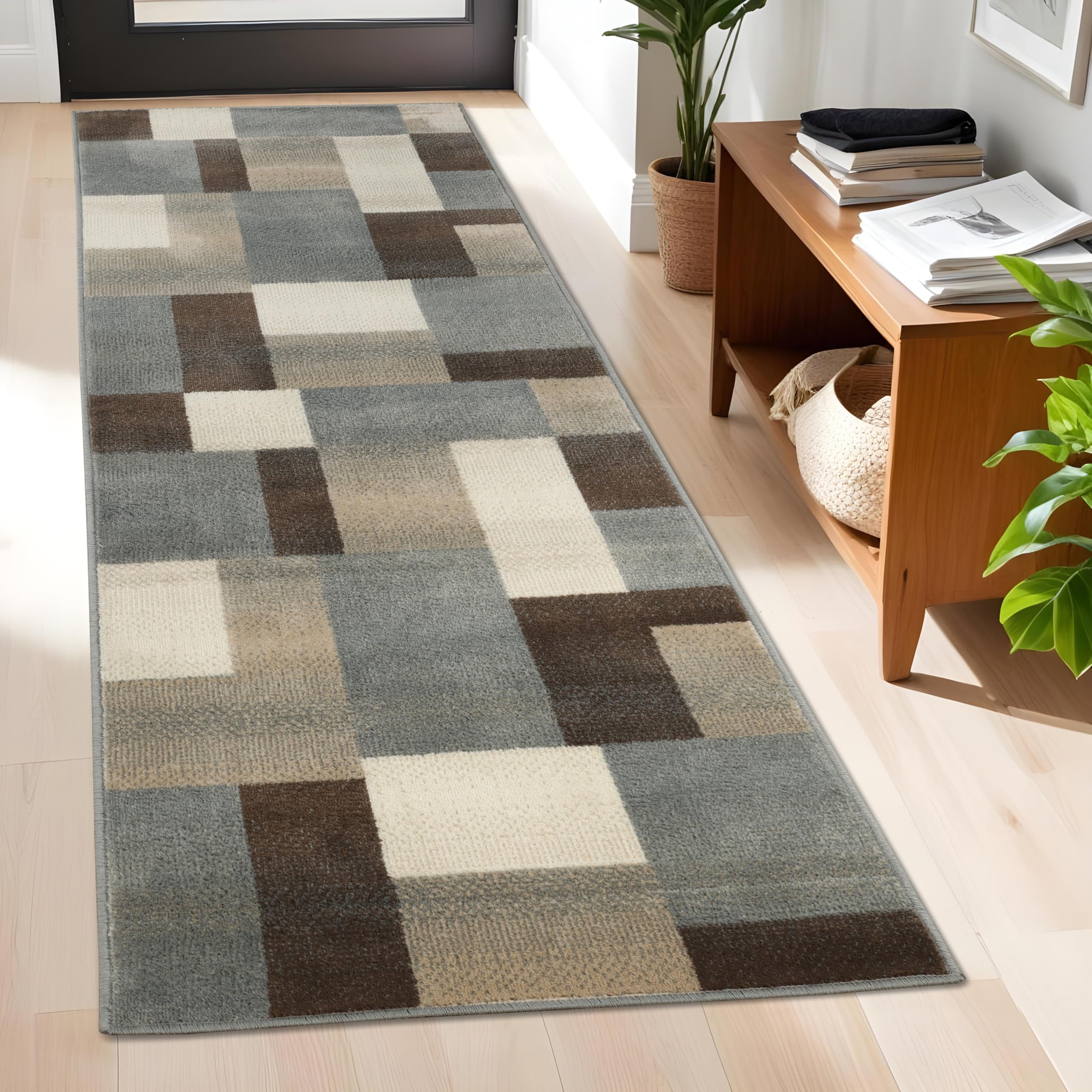 Premium Modern Geometric Tile Pattern Indoor Area Rug - Washable, Non-Slip Jute Backing for Living Room, Bedroom, Office - Clifton Multi Collection (Grey Brown, 2'7
