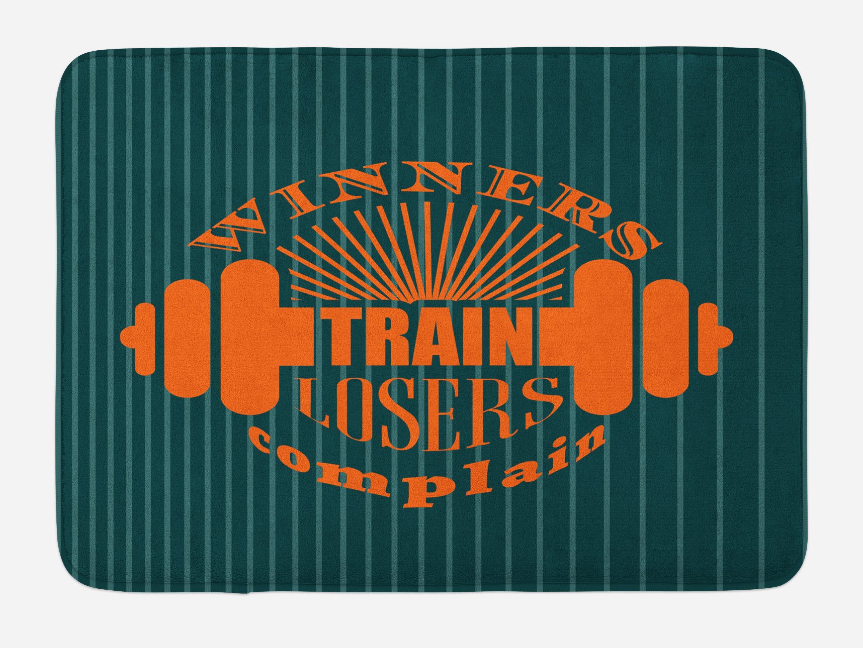 Ambesonne Non-Slip Plush Fitness Bath Mat with Dumbbell & Motivational Quote Design - 30.2 x 20 Inches, Petrol Blue Teal Orange - Perfect for Gym Bathrooms, Home Workout Spaces & Bodybuilding Enthusiasts