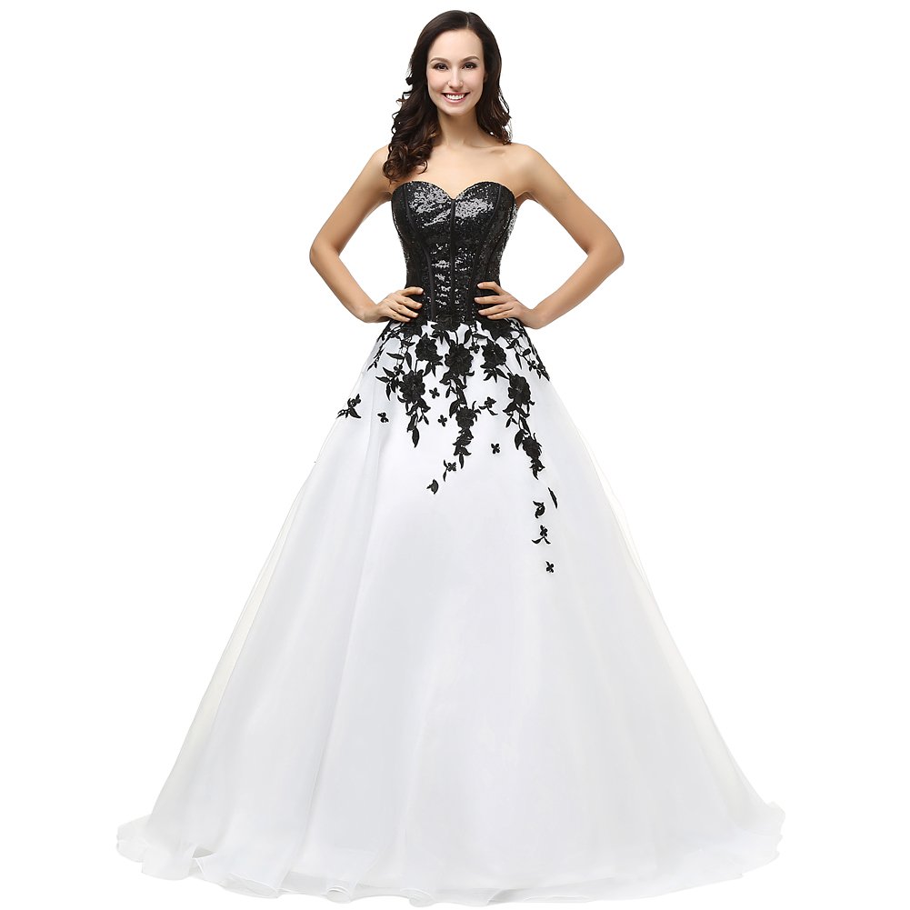Kivary Sweetheart Black Sequined White Organza Lace Long Prom Evening Dresses for Women - Elegant Formal Gown for Homecoming, Wedding, and Special Occasions
