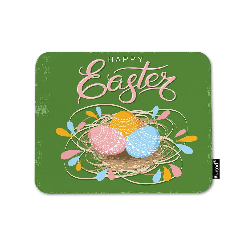 Happy Easter Mouse Pad - Eggs in The Nest Retro Doodle Design, Non-Slip Rubber Base Gaming Mouse Mat for Computer, Laptop, PC - Pink, Blue, Green, Yellow - 9.5x7.9 Inch - Perfect for Office, Home & Gaming Setup