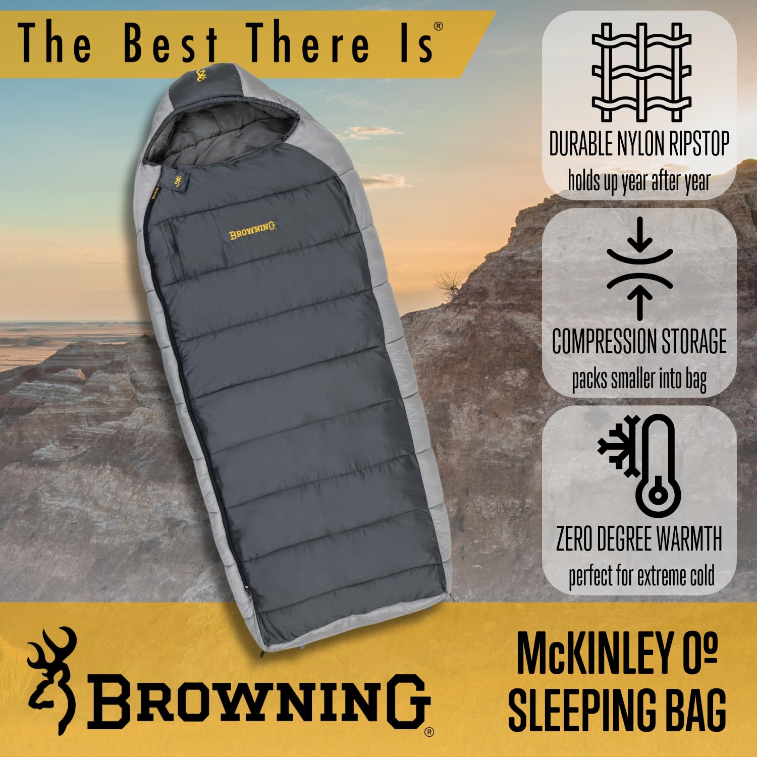 Browning McKinley 0°F Oversized Hooded Rectangle Sleeping Bag - Ripstop Outer & Brushed Polyester Liner - Includes Compression Stuff Sack - Perfect for Camping, Hiking & Cold Weather Adventures
