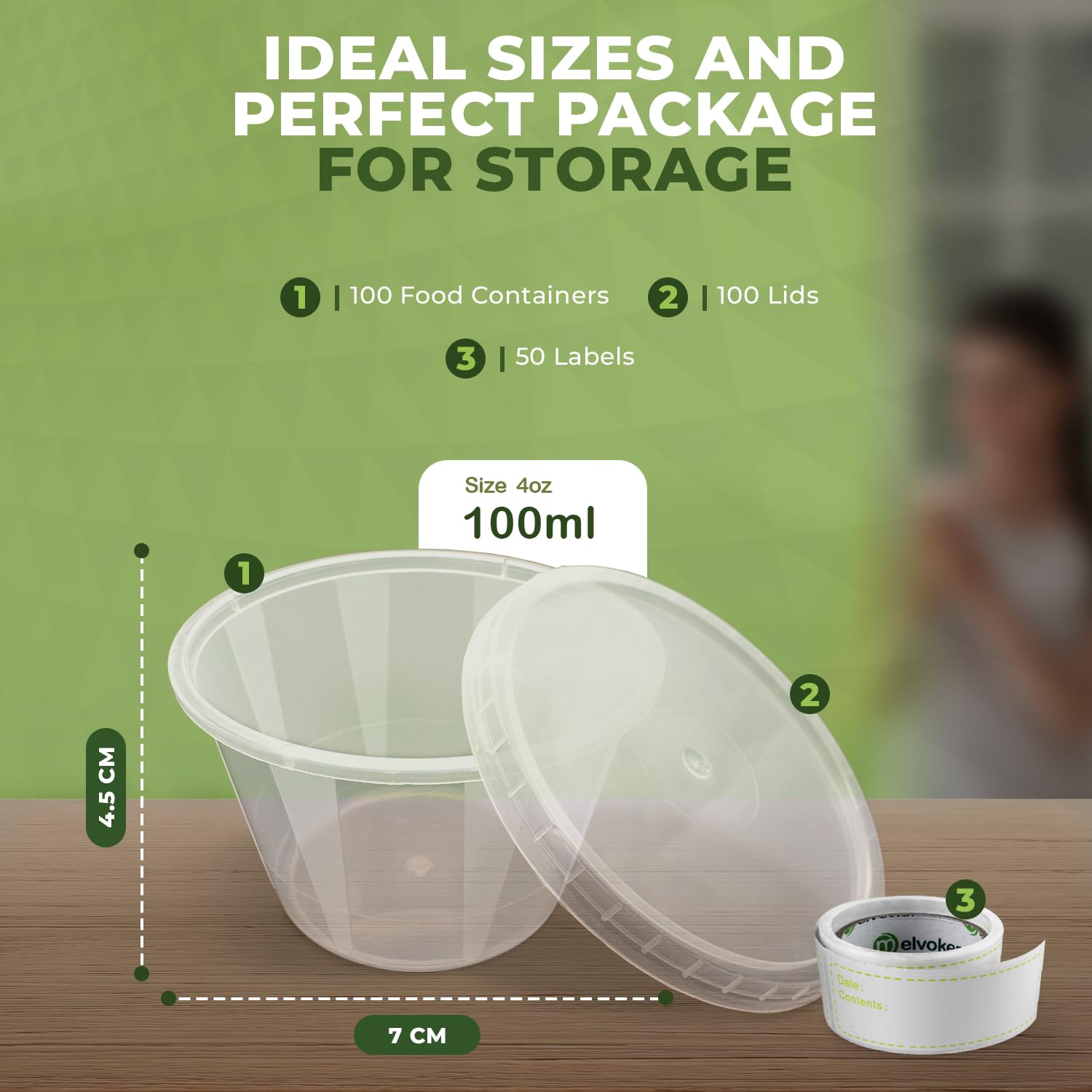 Melvoker 4oz Round Plastic Food Storage Containers with Lids - Pack of 100 | Small Sauce Containers for Takeout, Delivery, Catering & Restaurants | Perfect for Sauces, Dips, Salads, Dressings & Condiments | Ideal for Food Service, Meal Prep & Home Use