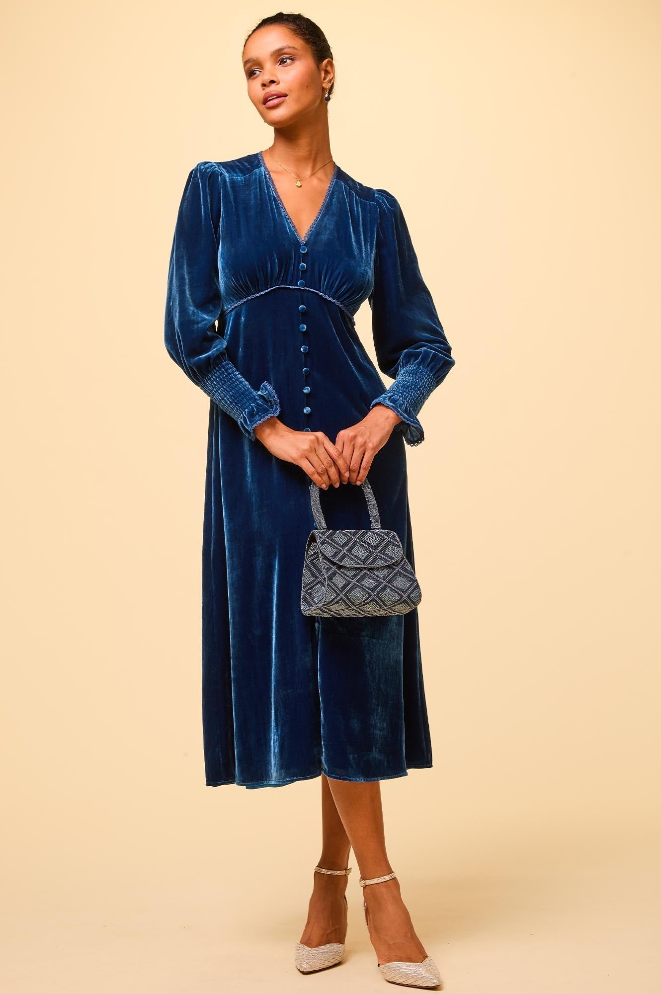 Long Sleeve Velvet Sally Anne Dress in Blue Sapphire | Elegant Winter Party Dress for Women | Perfect for Holiday Gatherings & Formal Events