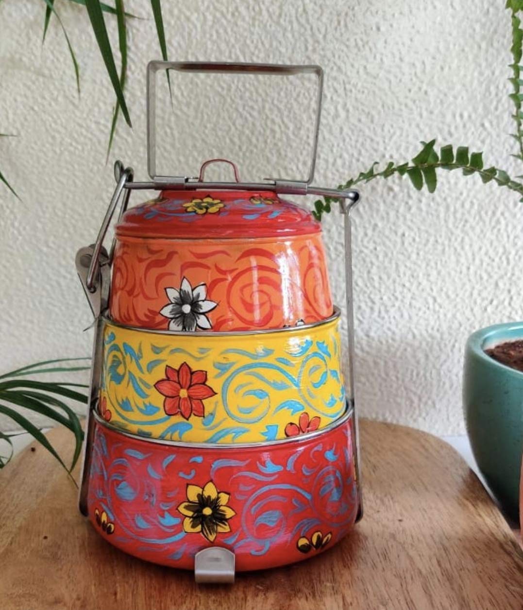Handpainted Steel Tiffin Lunch Box Set of 3 - 11 Inch Indian Style Bento Containers for Office, School & Picnics | Durable & Beautiful Kitchenware for Meal Prep & Storage