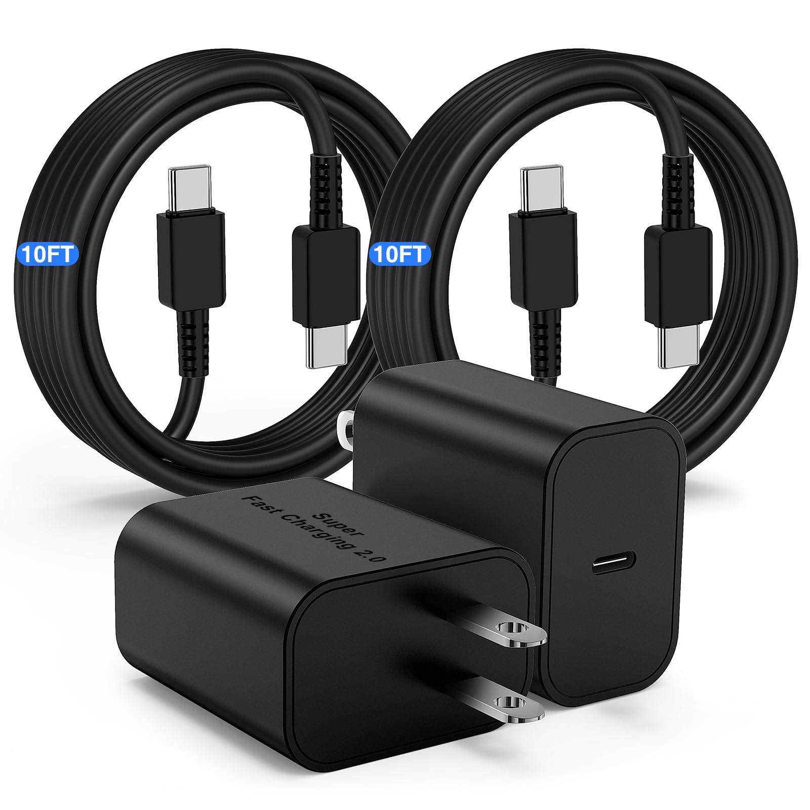 45W USB-C Fast Charger Block & 10FT USB-C to USB-C Cable 2-Pack - Compatible with Samsung Galaxy S24 Ultra/S24+/S23/S22/S21 Ultra/Plus, iPad Pro/Air/Mini, Android Phones - Fast Charging for Home, Office & Travel