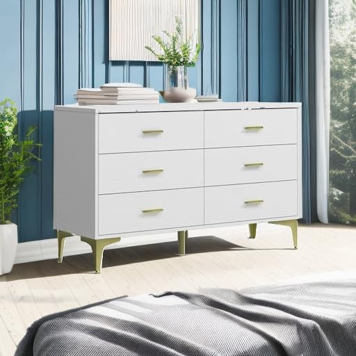 Modern 6-Drawer Wooden Dresser - Solid Wood Lateral Chest of Drawers with Wide Storage Drawers & Gold Metal Handles for Bedroom, Living Room, Hallway | Perfect for Closet Organization, Home Decor & Entryway Storage
