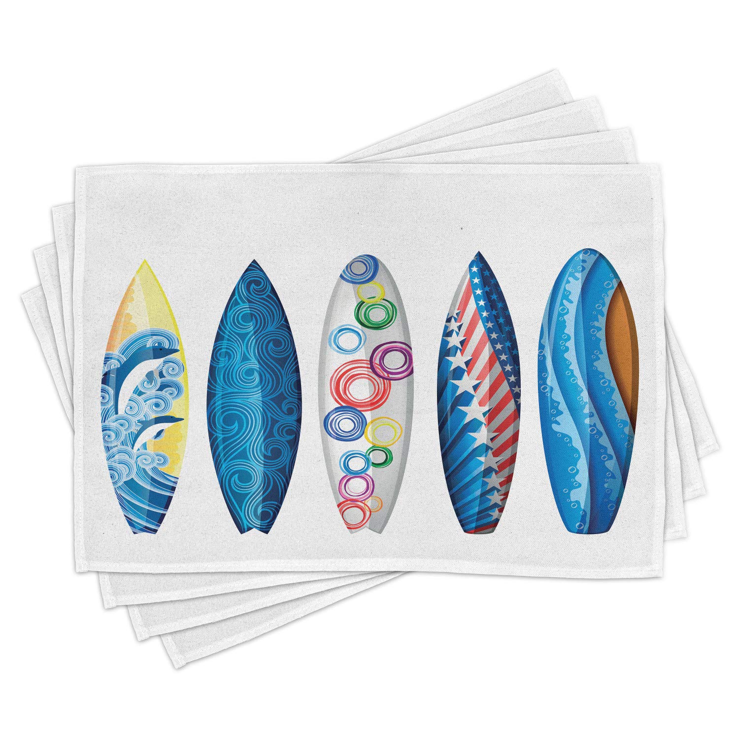Lunarable Surfboard Place Mats Set of 4 - American Flag Design with Curvy Lines & Reef Rock Patterns - Washable Fabric Placemats for Dining Room & Kitchen Table Decor - Perfect for Beach Houses, Summer BBQs, and Coastal-Themed Parties (Multicolor)