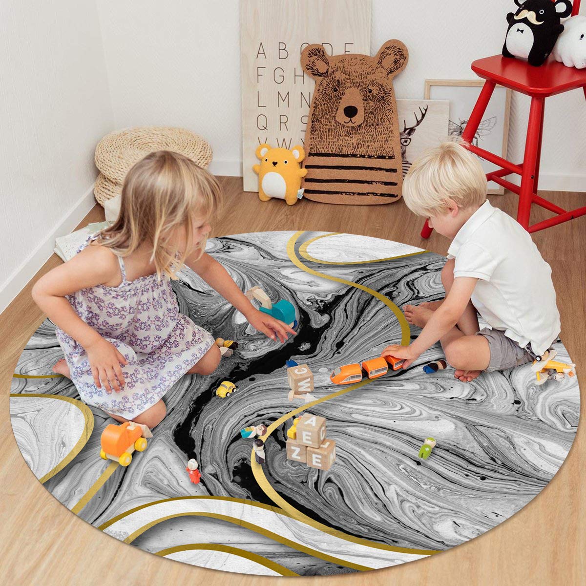 Olivefox Round Area Rugs - Abstract Gray Gold Marble Textured Super Soft Indoor Stain-Resistant Carpet Floor Mat, Non-Skid Runner Rug for Living Room, Bedroom, Dining Room (4 Feet) - Perfect for Home Decor, Office Spaces & High-Traffic Areas