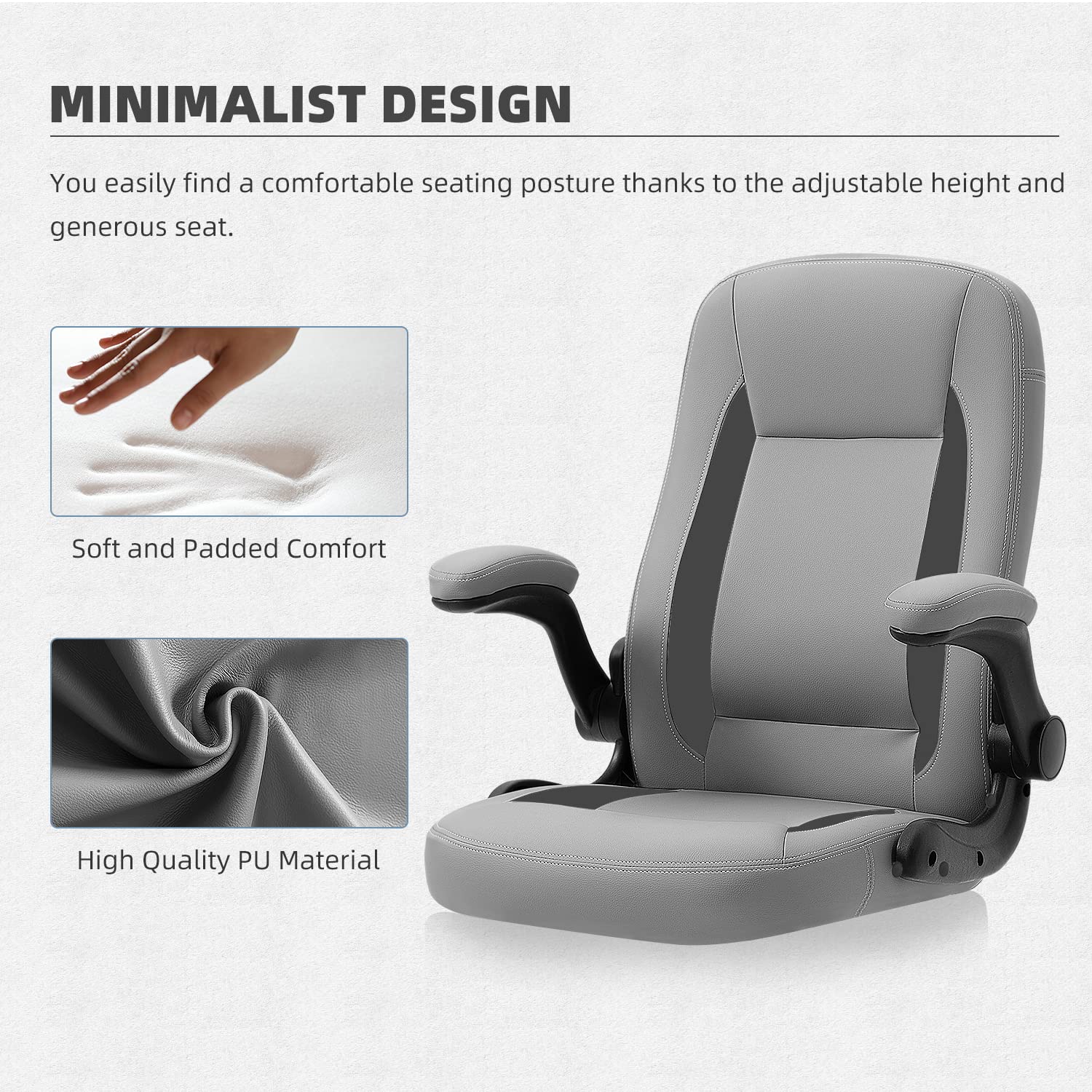 SEATZONE Ergonomic High Back Office Chair with Flip-Up Arms, Swivel & Wheels - Modern Leather Desk Chair for Adults & Teens - Gray - Perfect for Home Office, Gaming & Workspaces