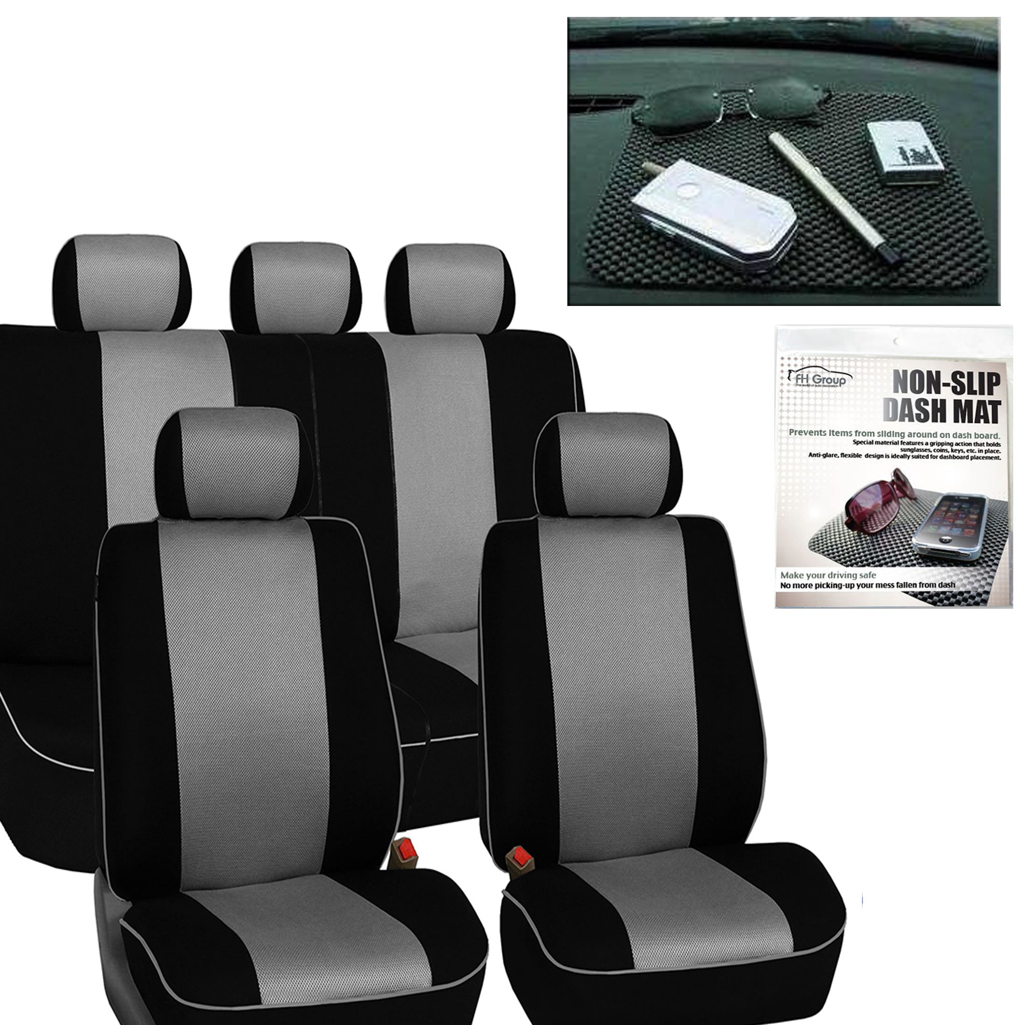 FH Group Universal Gray Car Seat Covers Full Set with Edgy Piping - Airbag Compatible, Split Rear Design for Cars, Trucks & SUVs | Perfect for Road Trips, Daily Commutes & Vehicle Protection