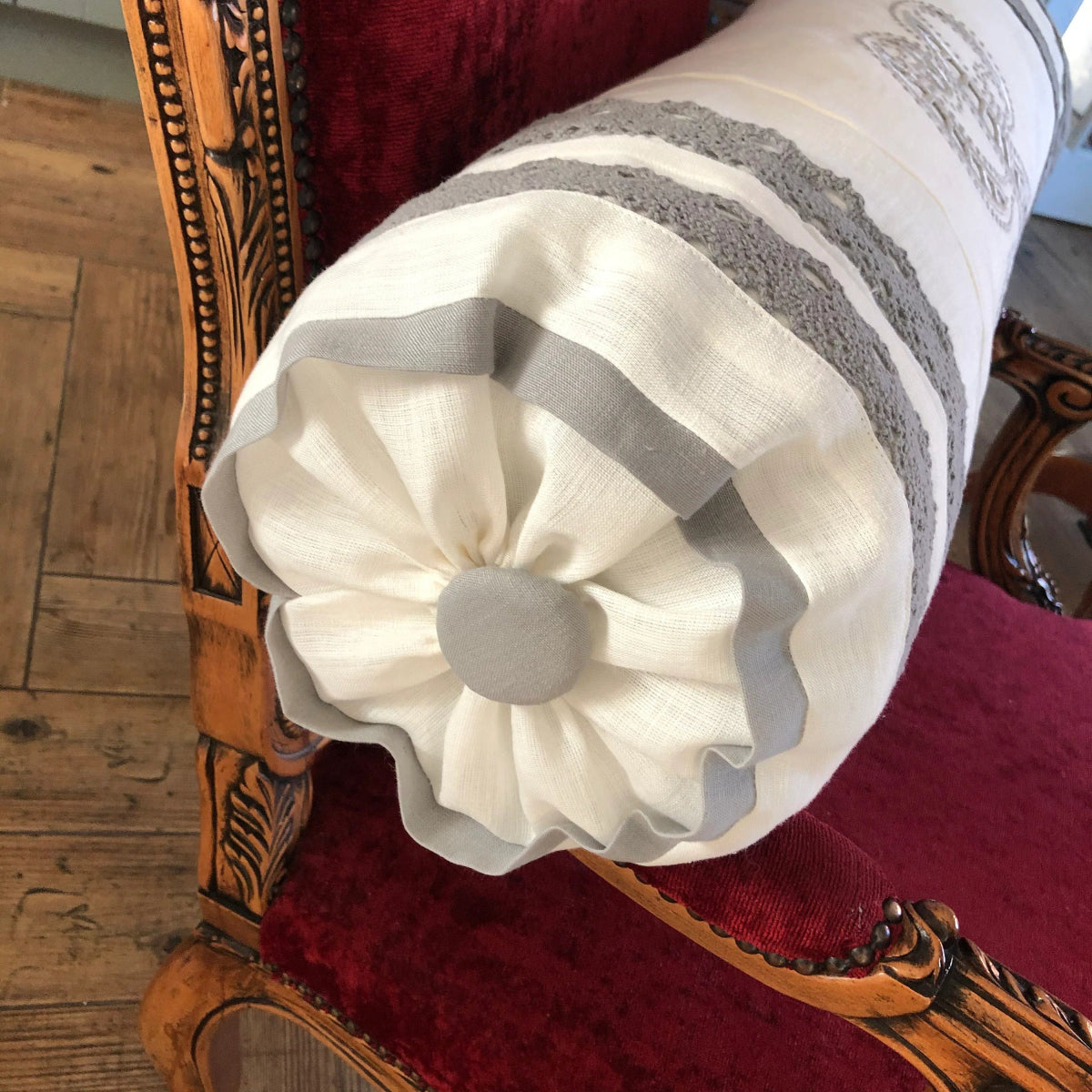 White Linen Bolster Boudoir Pillow with Natural Lace Trim - Elegant Bedroom Decor for Luxury Bedding, Sofa & Reading Nook