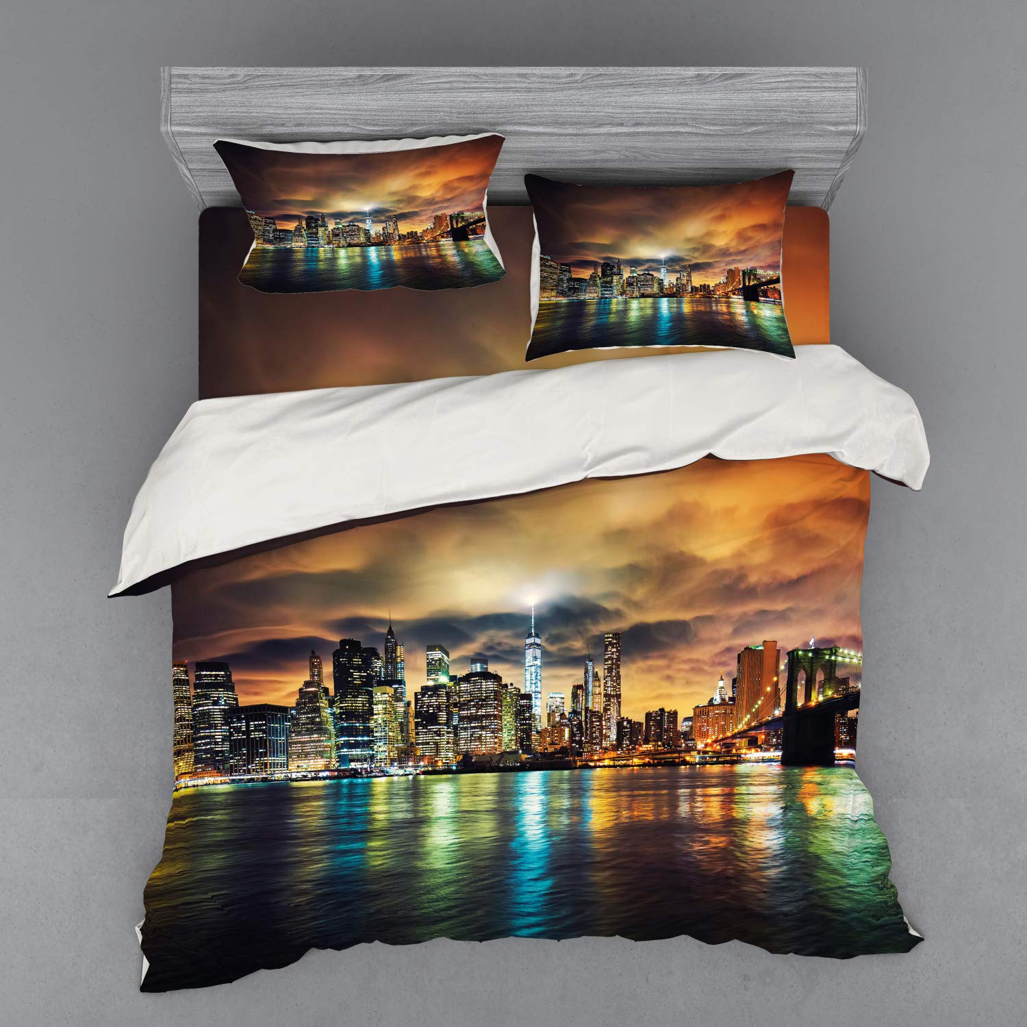 Ambesonne New York City Skyline Bedding Set - 4 Piece King Size Duvet Cover with Shams & Fitted Sheet, Vibrant Stormy Sunset Water Reflection Design, Multicolor Fantasy Dramatic Sky - Perfect for Modern Urban Bedroom Decor & Themed Guest Rooms