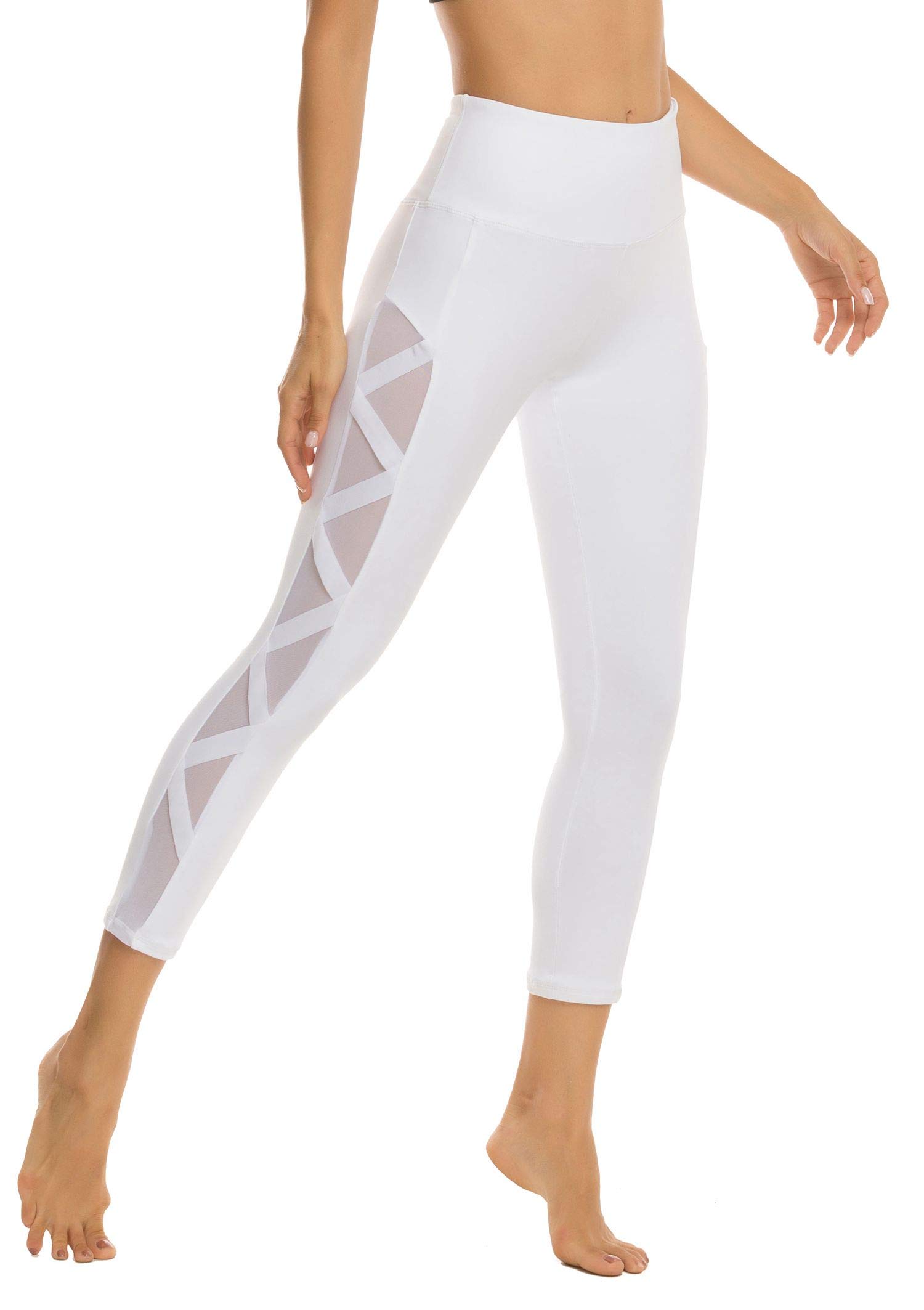 Romansong Women's High Waisted Yoga Pants with Pockets - 4-Way Stretch Tummy Control Mesh Capri Leggings | Non See-Through Workout & Lounge Wear for Gym, Running, and Casual Outfits