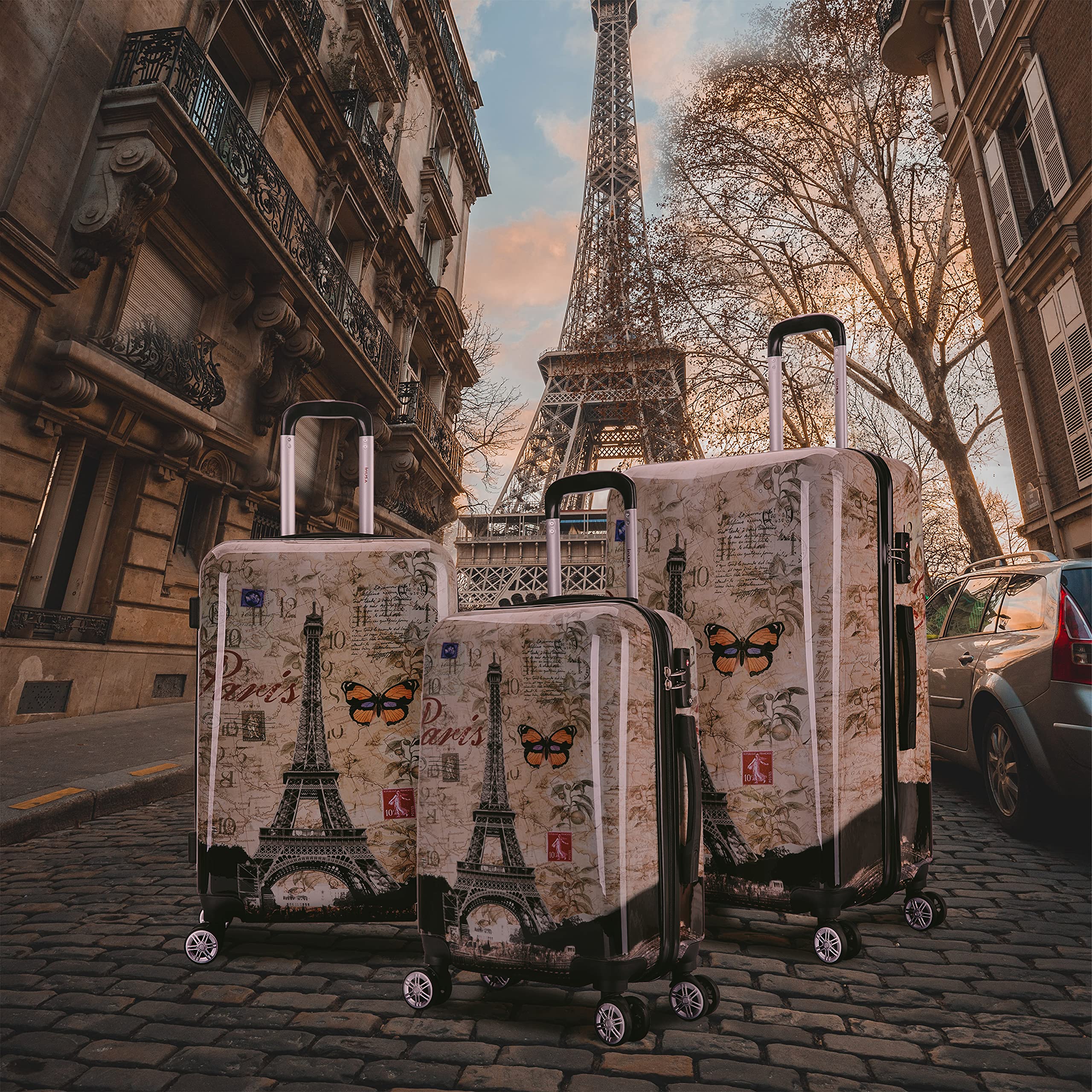 InUSA Paris Print Spinner Luggage Set - 3-Piece Lightweight Hardside Suitcase (20in, 24in, 28in) with Trolley Handle & Durable Wheels for Air Travel, Vacation & Business Trips