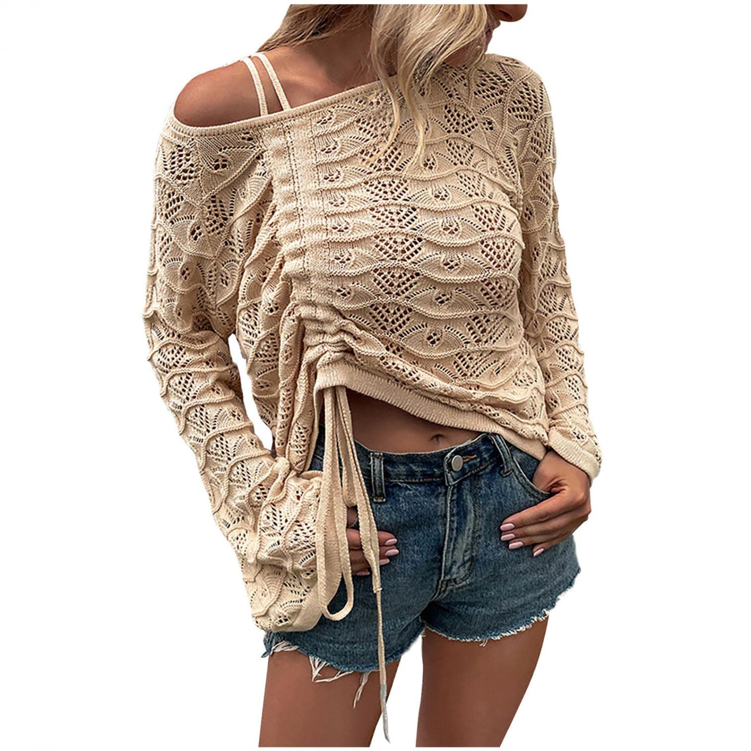 Sexy Off Shoulder Crochet Crop Top for Women - Long Bell Sleeve Loose Knit Pullover Sweater with Drawstring | Perfect for Date Night, Beach Vacation & Boho Fashion Outfits