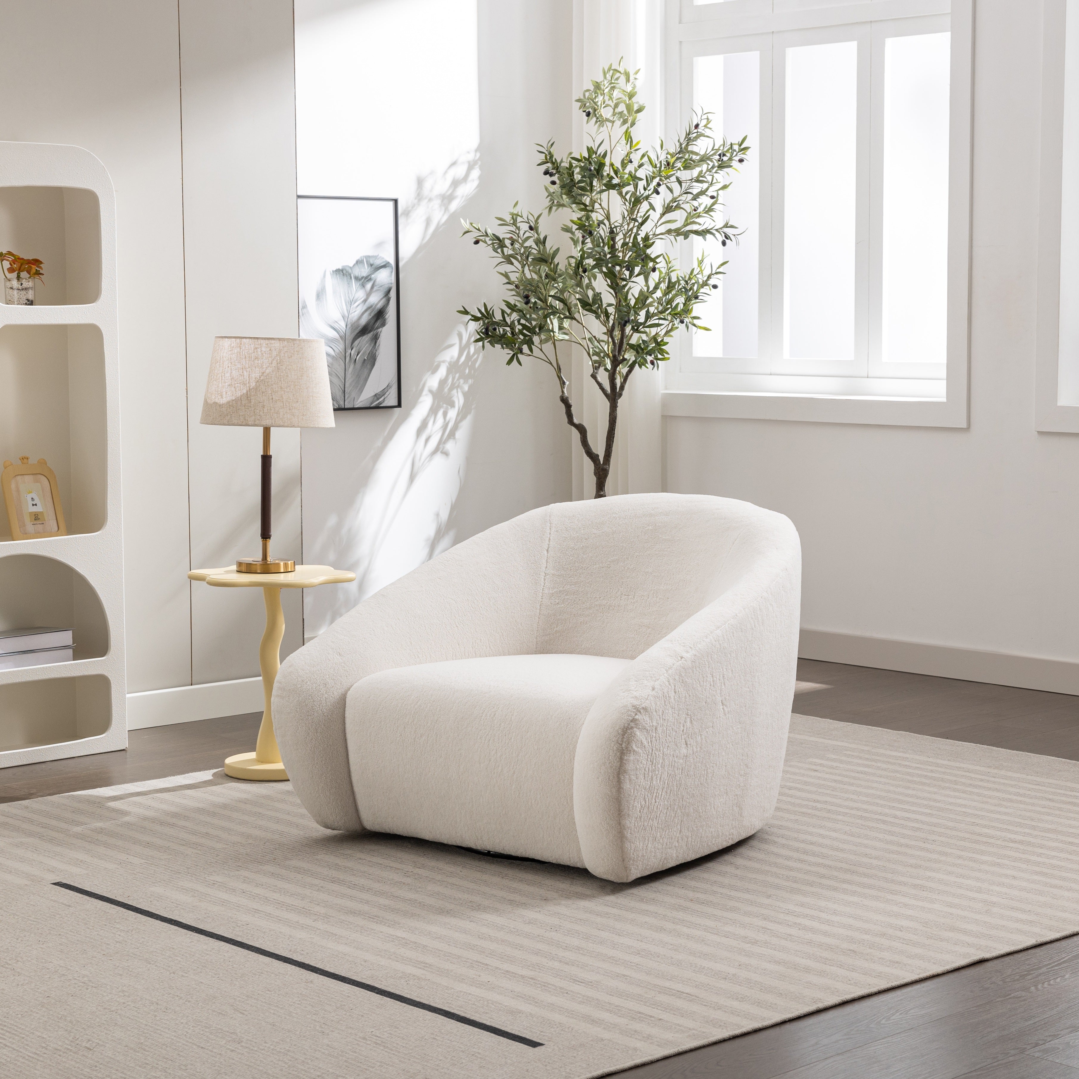 Roundhill Furniture Luzern Modern Boucle Upholstered Accent Chair - 360° Swivel Lounge Chair for Living Room, Bedroom & Office - Soft Fabric Contemporary Seating with Rotating Base
