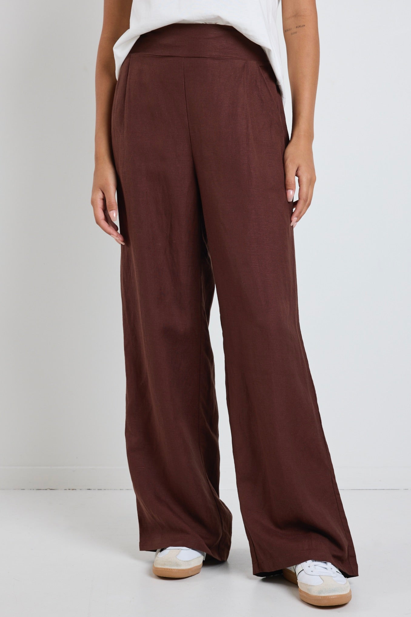 Guardian Chocolate Linen Viscose Elastic Waist Pants for Women - Comfortable Stretchy Lounge Pants for Home, Yoga & Casual Wear
