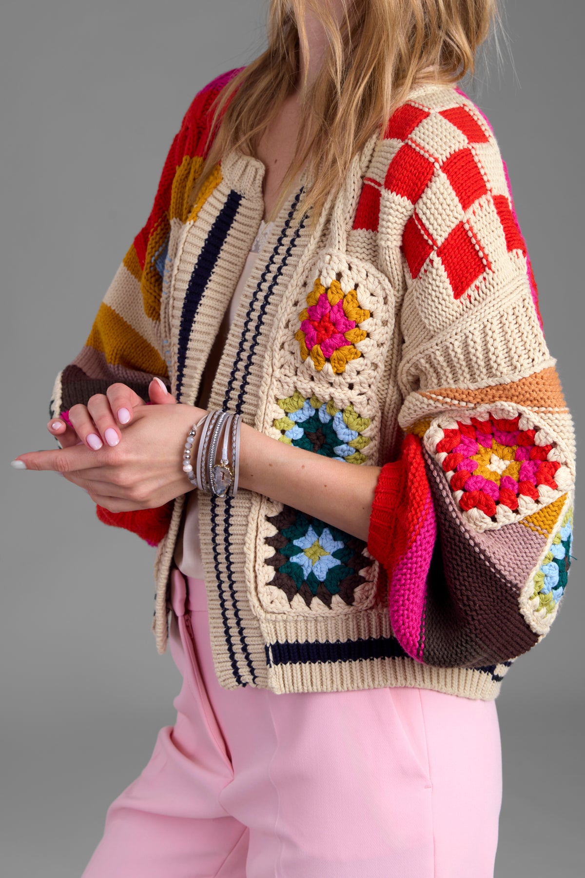 Square Checkered Multi-Pattern Cardigan for Women - Stylish Knit Sweater for Fall & Winter Fashion, Office Wear, and Casual Outfits