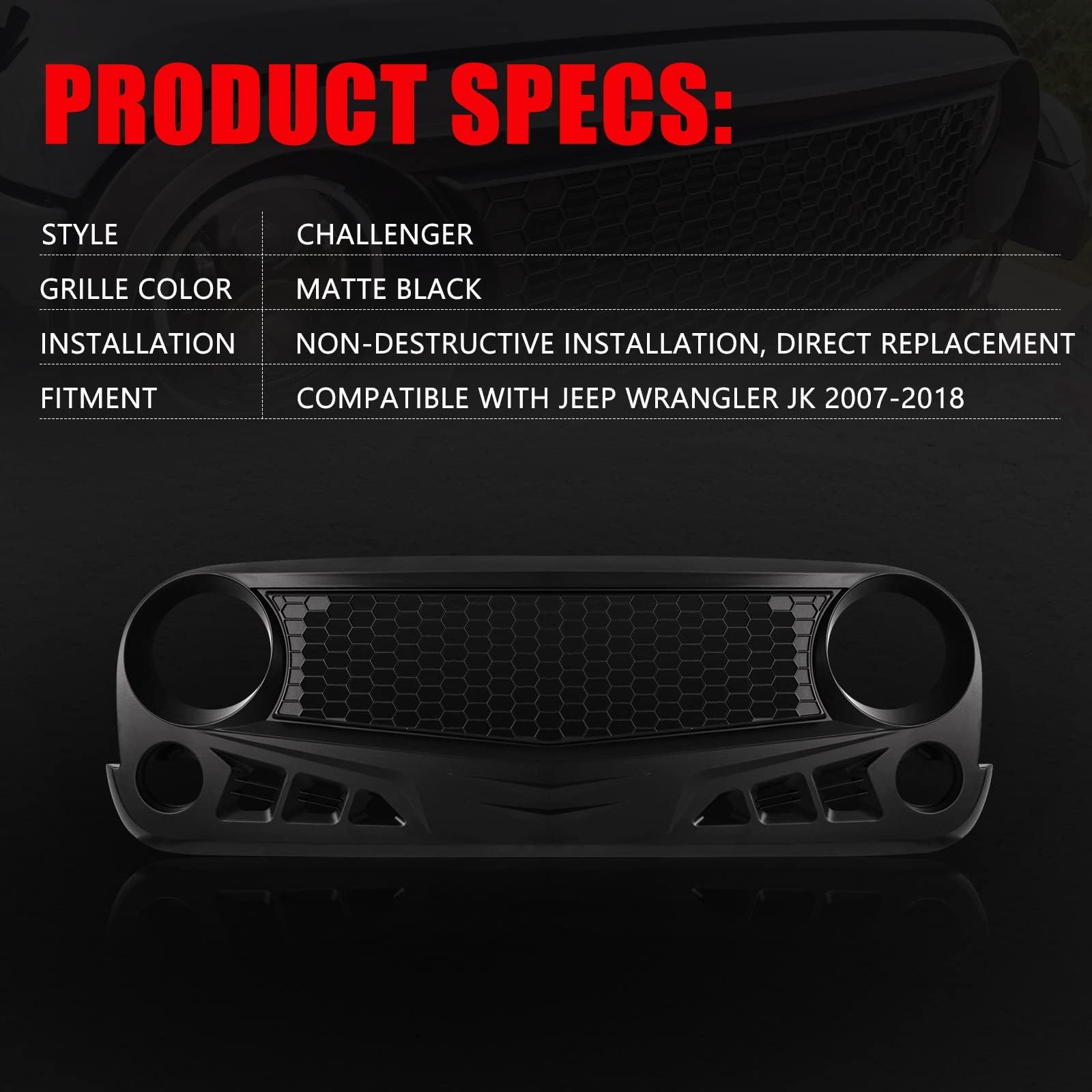2007-2018 Jeep Wrangler JK JKU Front Grill with Mesh Matte Black Grille - Fits Rubicon, Sahara & Sport Models (Challenger Style) - Off-Road Upgrade & Custom Look