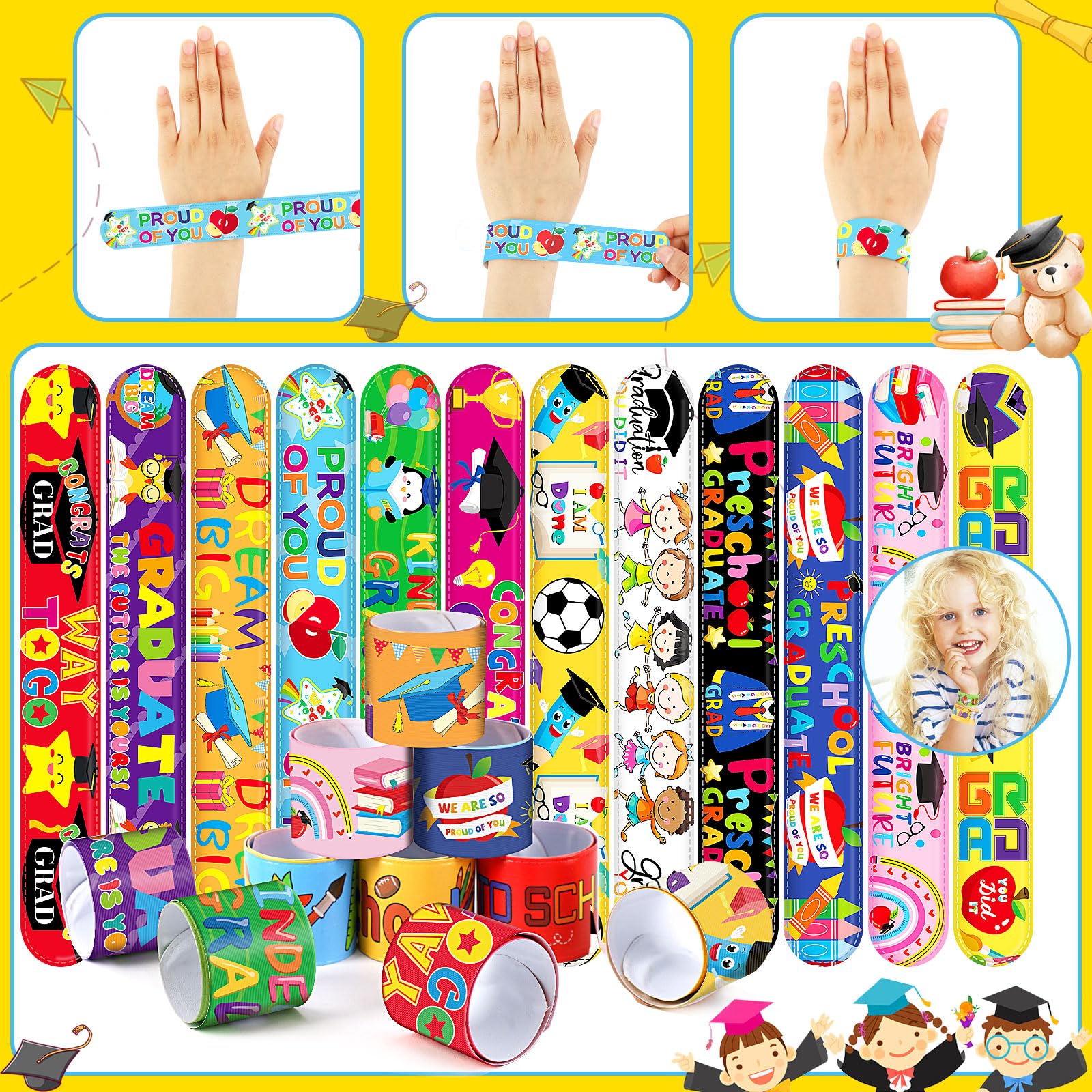 56Pcs Colorful Graduation Slap Bracelets - Kindergarten Graduation Party Favors, Preschool Graduation Gifts for Kids - Perfect for Class of 2024 Celebrations, End of Year School Events & Graduation Ceremonies
