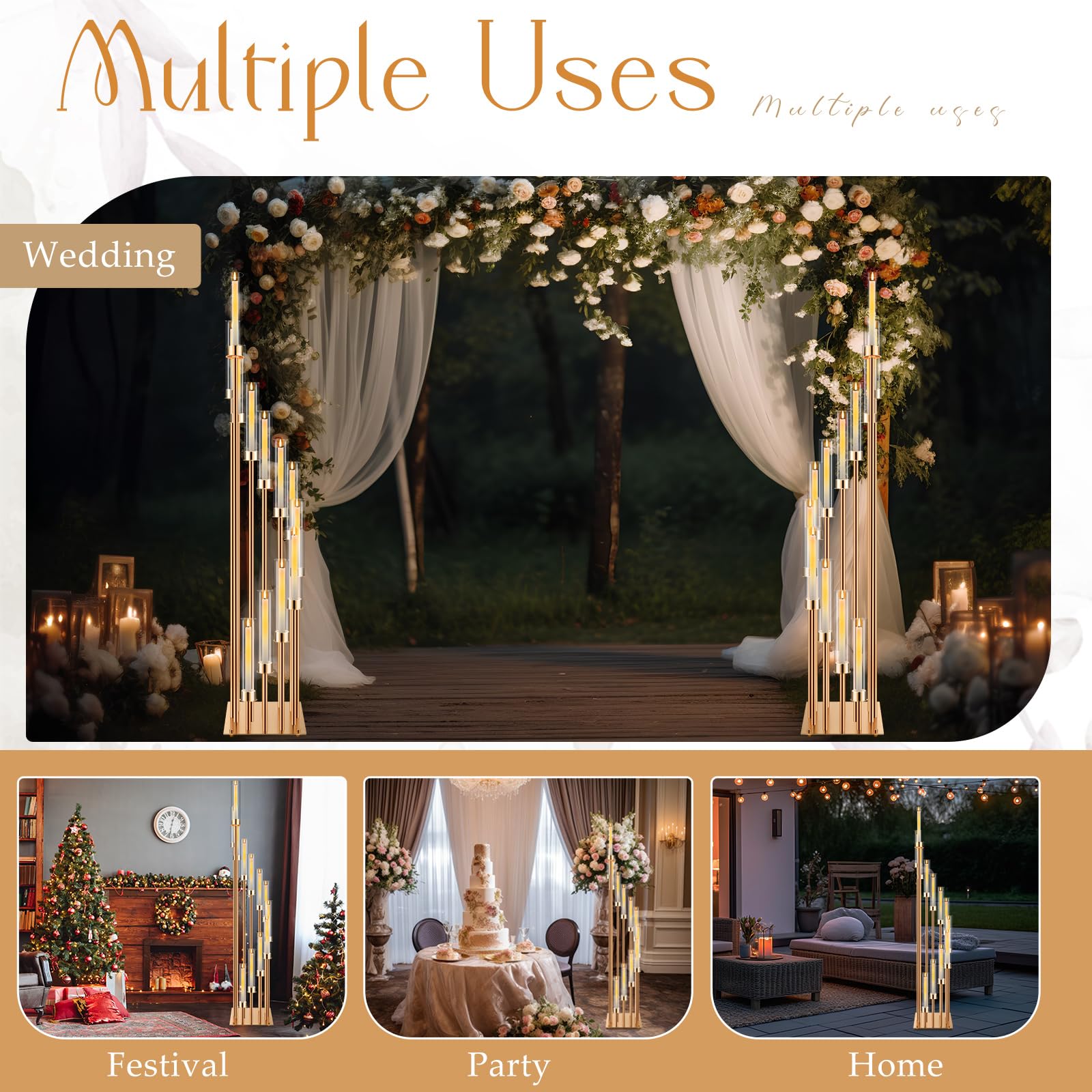 2-Pack Gold 12-Arm Candelabra Floor Stand - 57.5 Inch Tall Wedding Centerpiece with Clear Acrylic Shades & LED Candles for Valentine's Day, Christmas, Spring Decor | Elegant Home & Event Lighting
