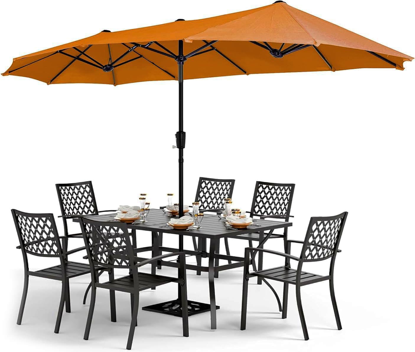 PHI VILLA 8-Piece Outdoor Dining Set with 13ft Double-Sided Patio Umbrella - Metal Patio Furniture Set Includes 6 Stackable Chairs & Rectangle Table - Perfect for Backyard, Garden, Poolside and Outdoor Entertaining