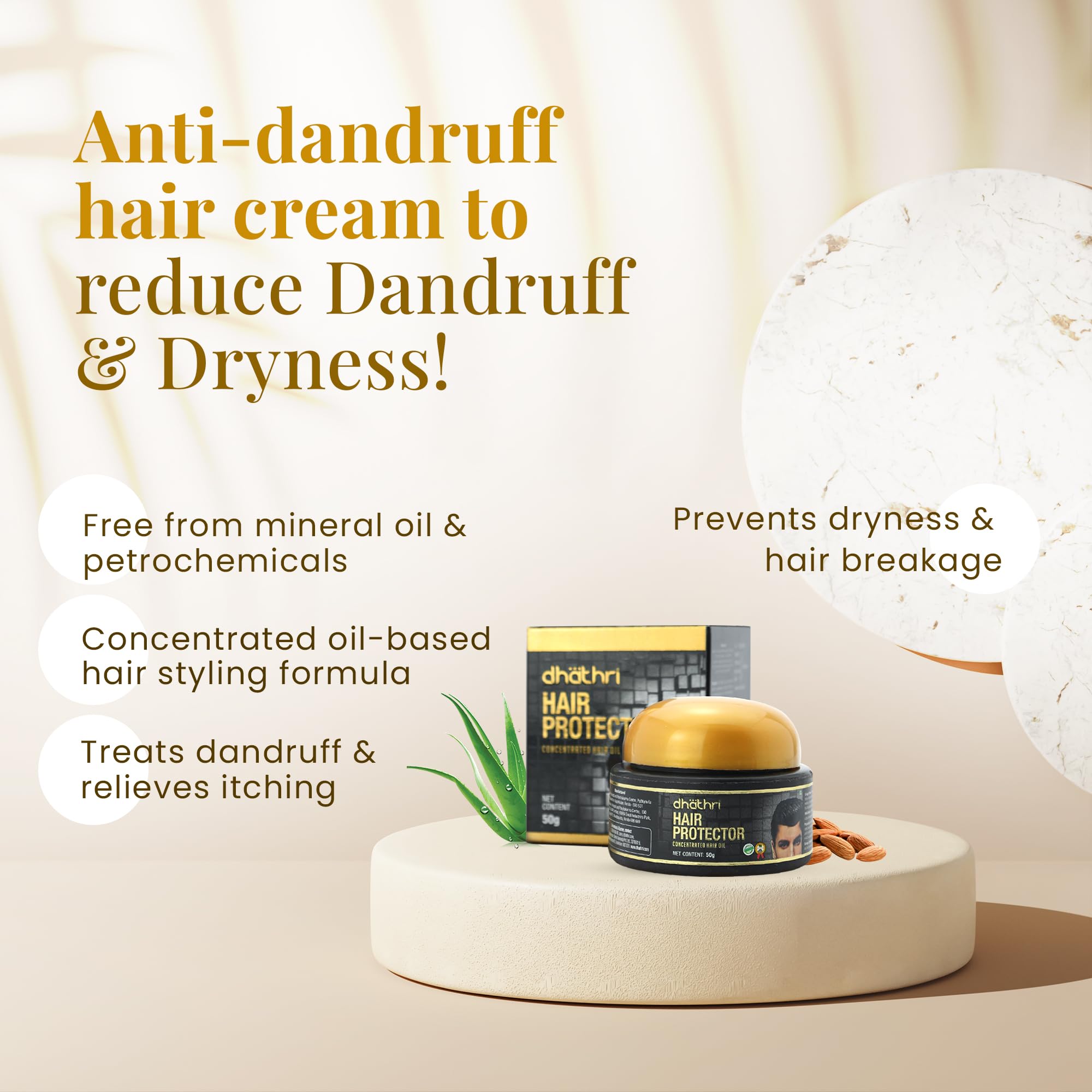 Dhathri 100% Natural Hair Cream for Dandruff Control & Dryness Relief - Anti-Frizz Hair Protector for Men & Women - Non-Sticky Styling Formula (50g) - Perfect for Daily Hair Care & Styling at Home or Salon