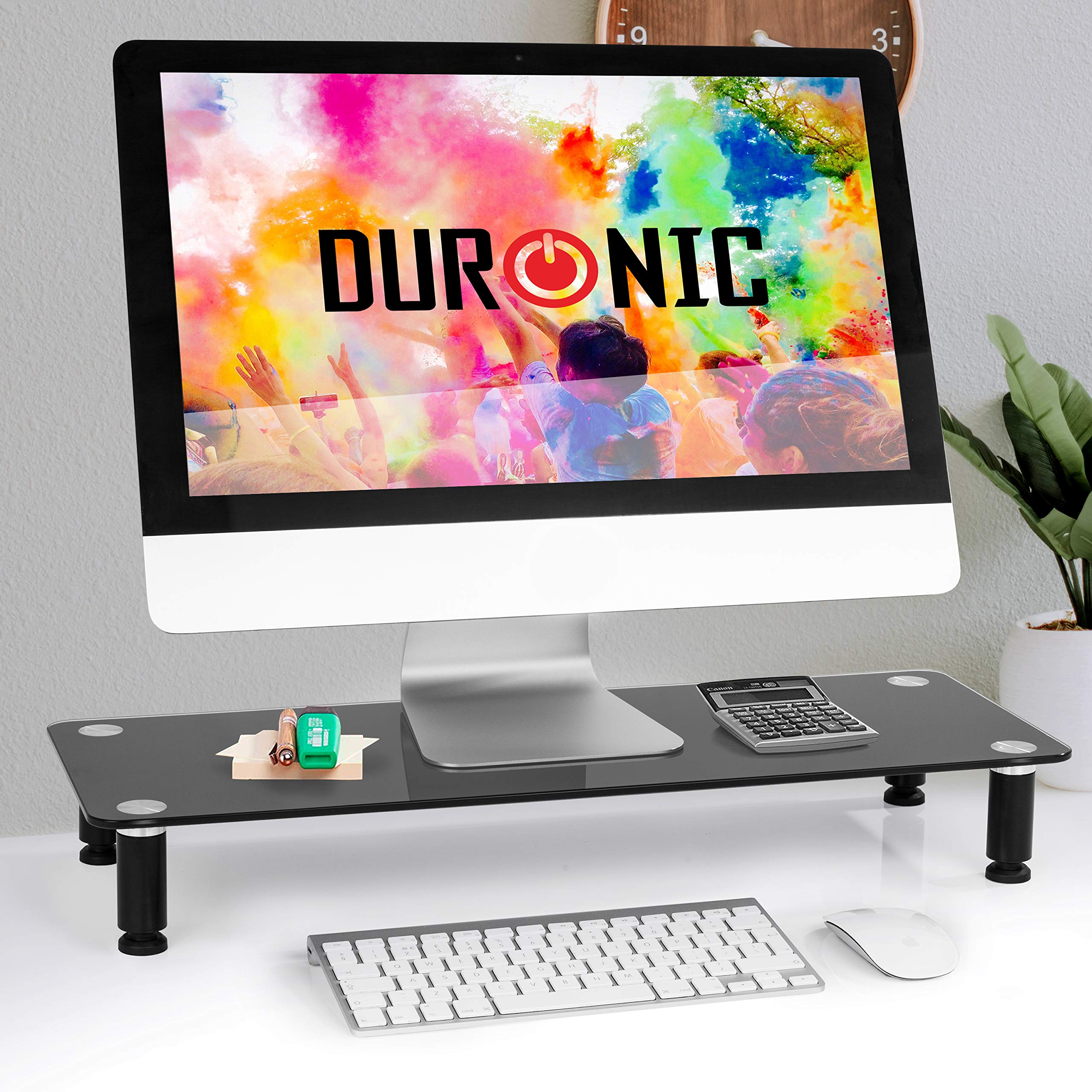 Duronic DM052 Tempered Glass Monitor Stand Riser - 70cm x 24cm Black Ergonomic Desk Shelf for PC, Laptop & TV - 20kg Capacity - Perfect for Home Office, Gaming Setup & Workspace Organization