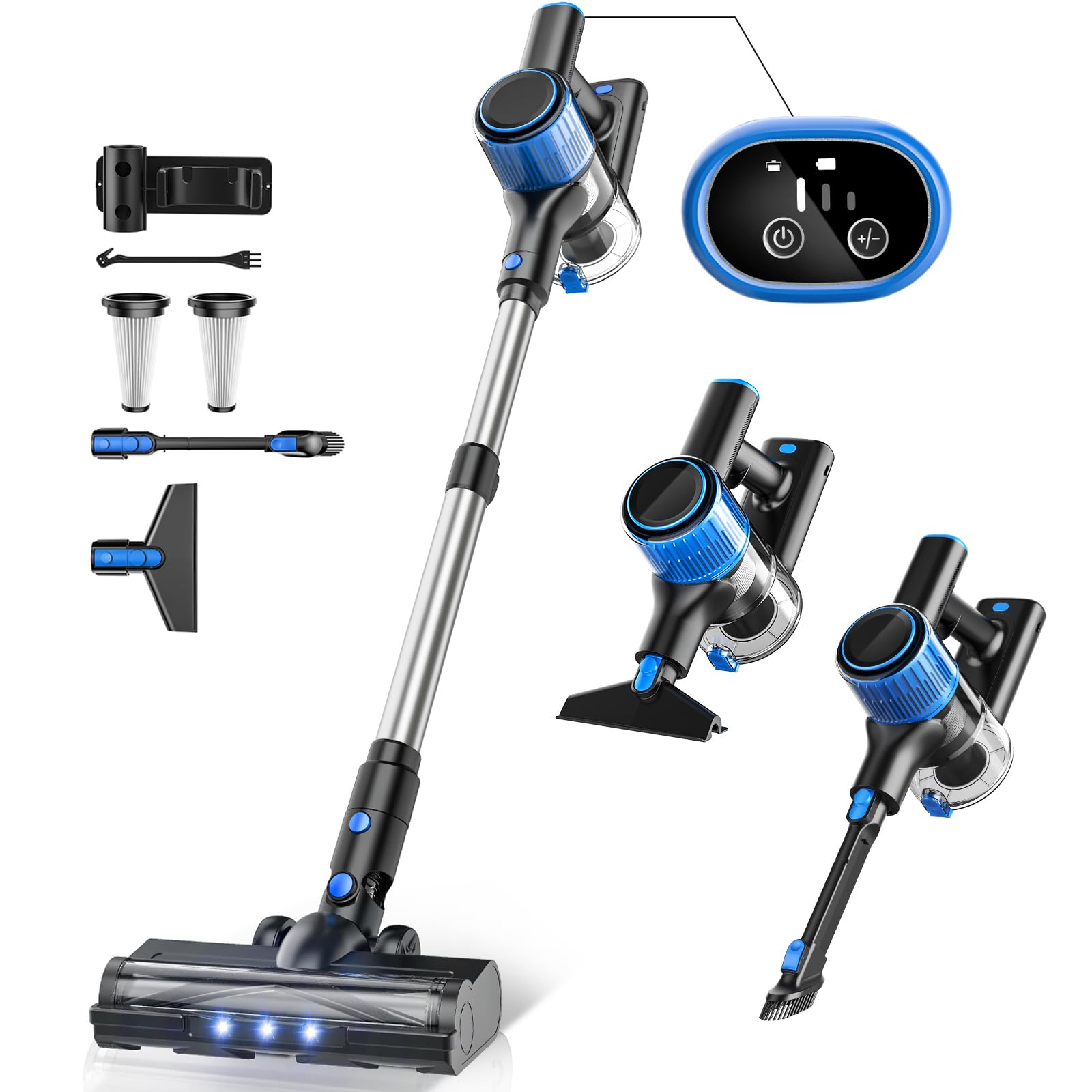 28KPa Powerful Cordless Vacuum Cleaner - 6-in-1 Lightweight Stick Vacuum with Detachable Battery, 40 Min Runtime, 3 Power Modes & LED Display - Ideal for Hardwood Floors, Carpets and Pet Hair Cleaning - Perfect for Home, Office and Car Use