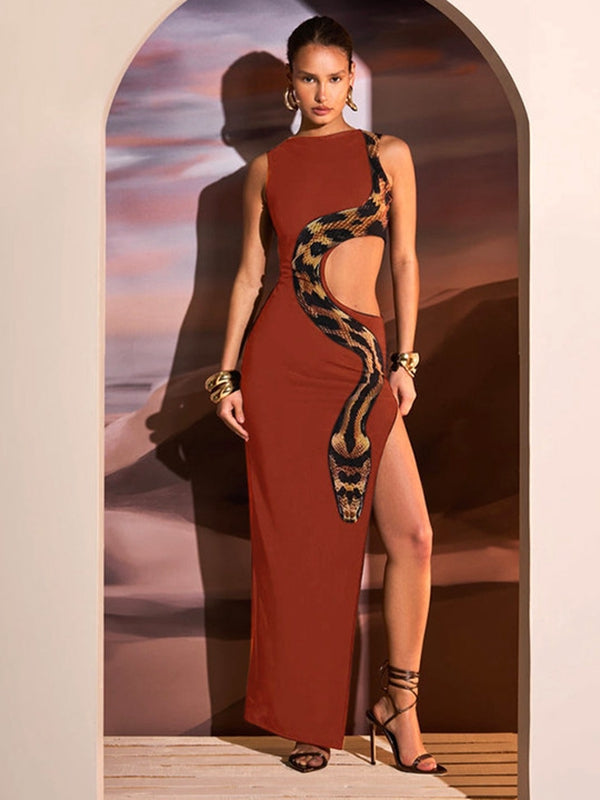 ZASUWA Women's Snake Print Cutout Bodycon Dress with High Slit | Sexy Party Club Dress for Night Out, Date Night, and Special Occasions