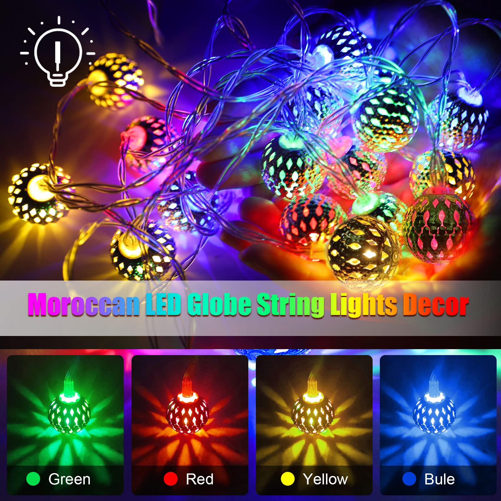 20 Ft LED Globe String Lights - 40 Balls (0.98in) Battery Powered Moroccan Fairy Lights for Indoor, Bedroom, Party, Birthday & Christmas Tree Decor - Perfect for Wedding Backdrops, Garden Parties and Cozy Home Ambiance (Batteries Not Included)