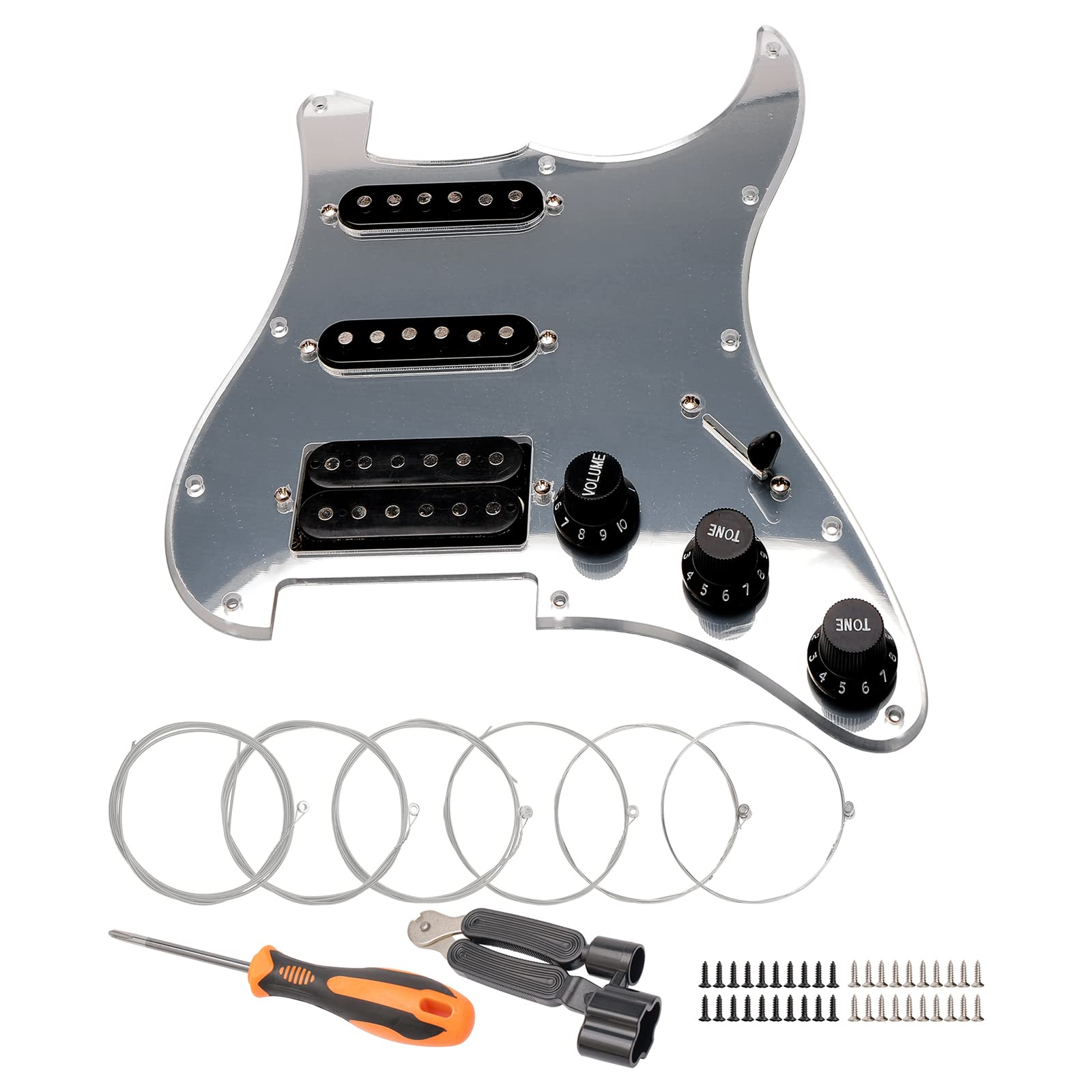11 Hole Loaded Guitar Pickguard SSH with Black Humbucker Pickup - Prewired Scratch Plate Set for Fender Stratocaster (1 Ply Mirror Silver) - Includes Guitar Strings & Installation Tools - Perfect for Electric Guitar Upgrades & DIY Repairs