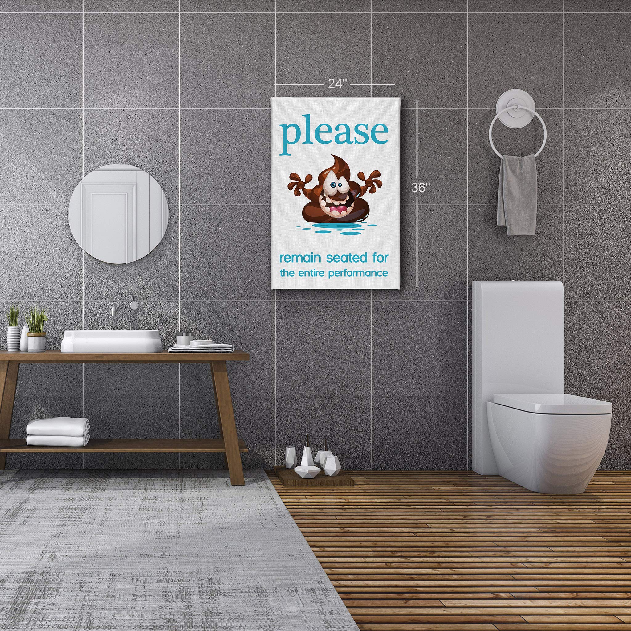 Funny Bathroom Wall Art - 'Please Remain Seated for the Entire Performance' Canvas Print | 17x11 Inch Ready to Hang Poop Humor Toilet Decor | Made in USA | Perfect for Bathroom, Powder Room & Guest Toilet Decor