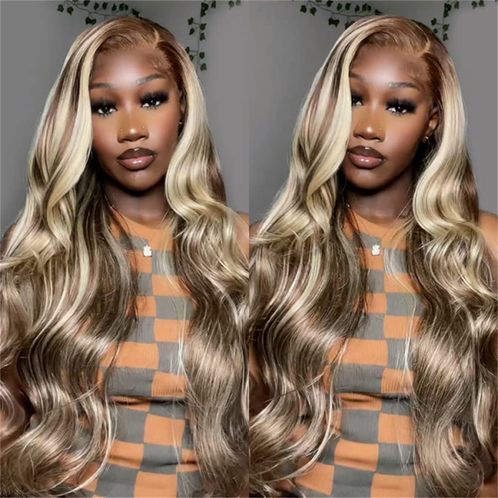 Ombre Blonde & Brown Highlight 20 Inch Human Hair Lace Front Wig - 5x5 Straight Lace Closure Wig for Black Women - Perfect for Daily Wear, Cosplay, and Special Occasions