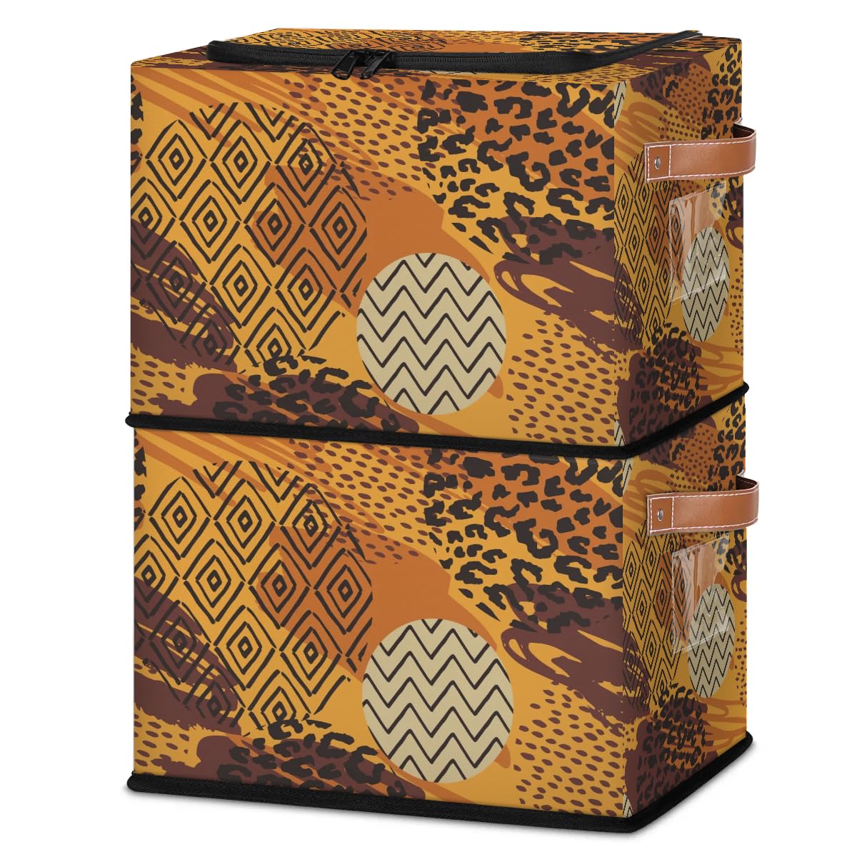 2 Pack Animal Print Fabric Storage Bins with Zipper Lid - African Art Style Stackable Cube Baskets, Steel Frame Clothes Organizer for Shelf & Closet Storage | Perfect for Bedroom, Nursery, and Office Organization