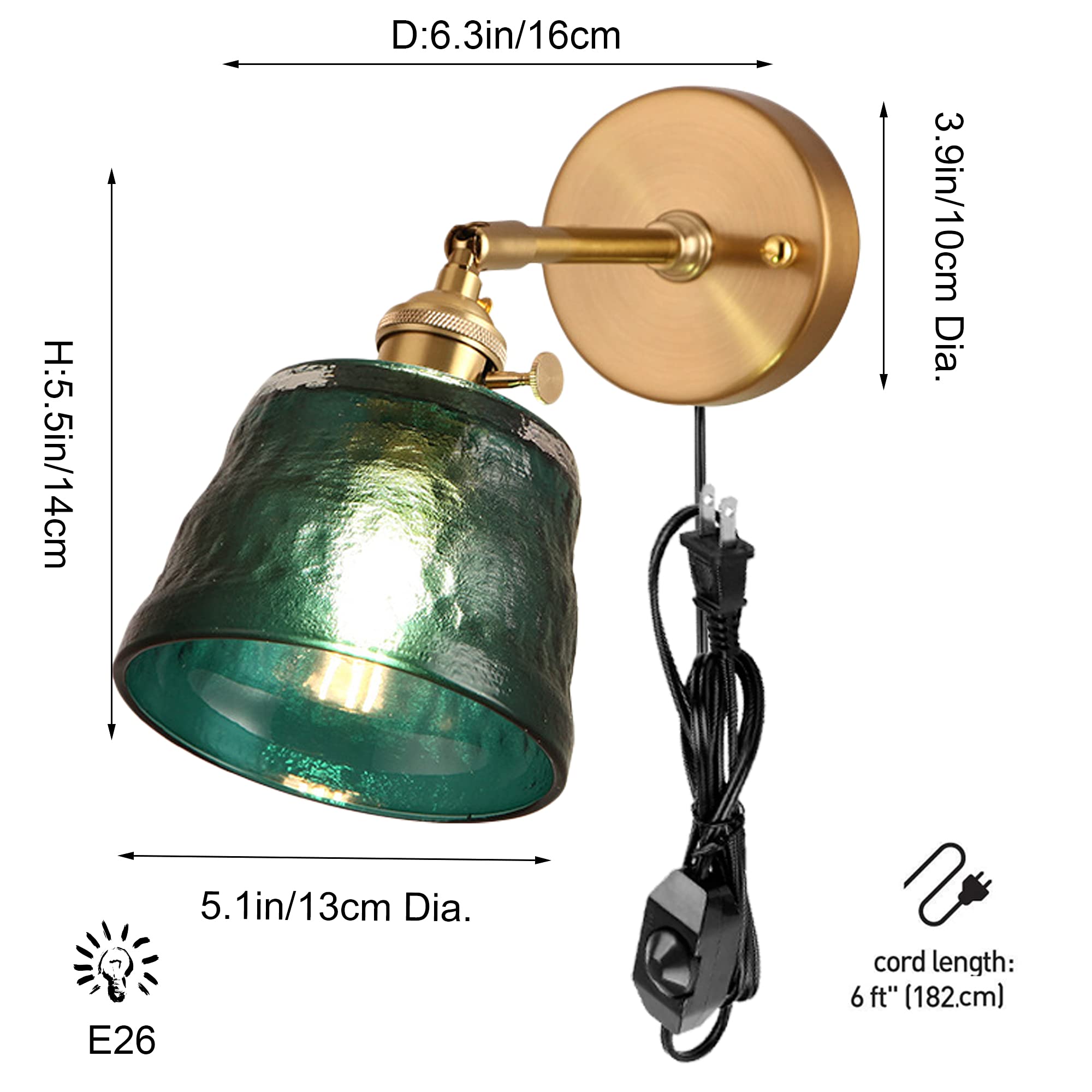 Adjustable Wall Sconce with UL Plug-in Cord - Dimmable E26 Bronze Base Reading Light with Rotating Switch & Green Glass Shade - Perfect for Bedroom, Hallway, Kitchen Island, Bathroom and Office Lighting