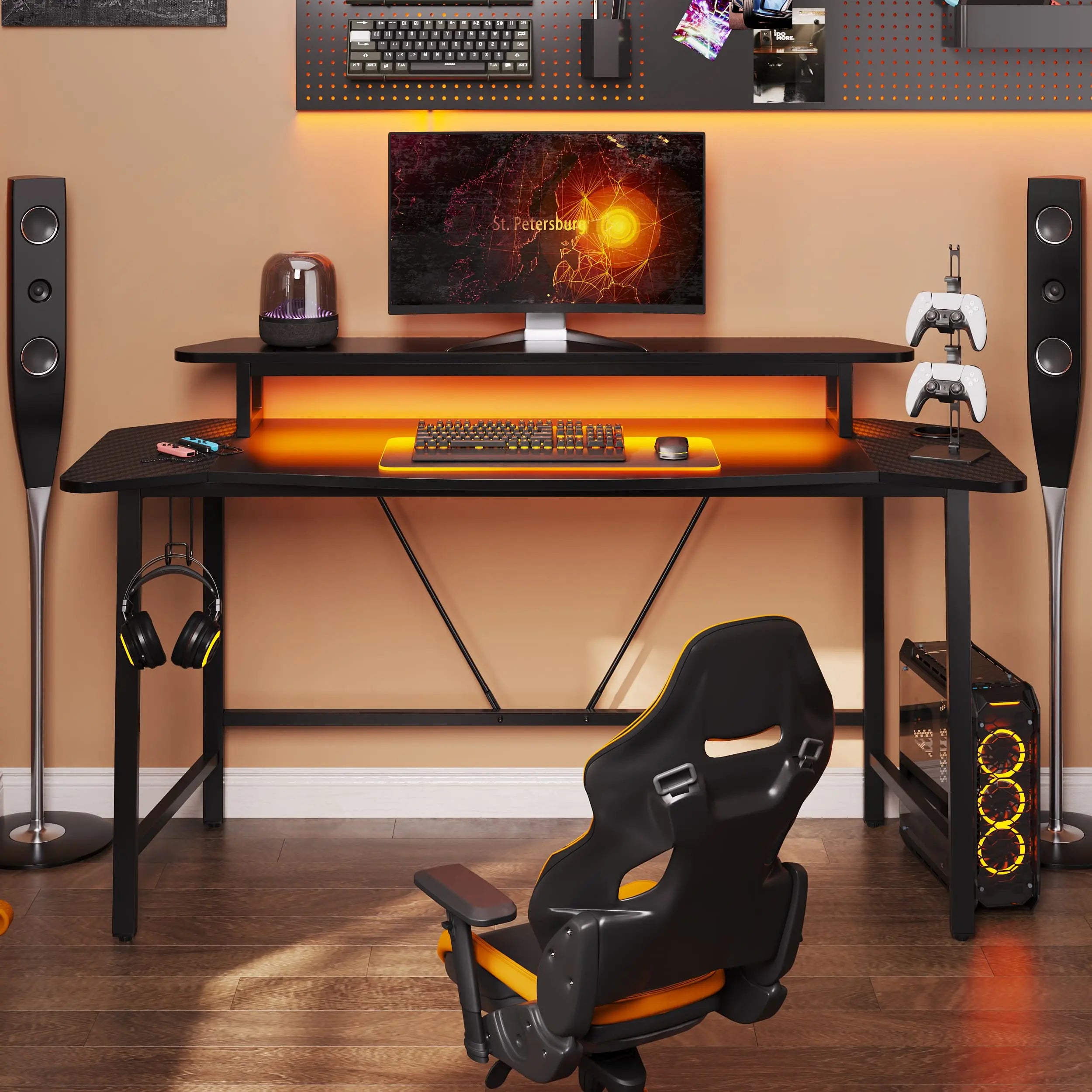Bestier 63 Inch LED Gaming Desk with Monitor Stand & Headphone Hook - Ergonomic Computer Desk for PC Gaming Setup, Home Office & Streaming Station