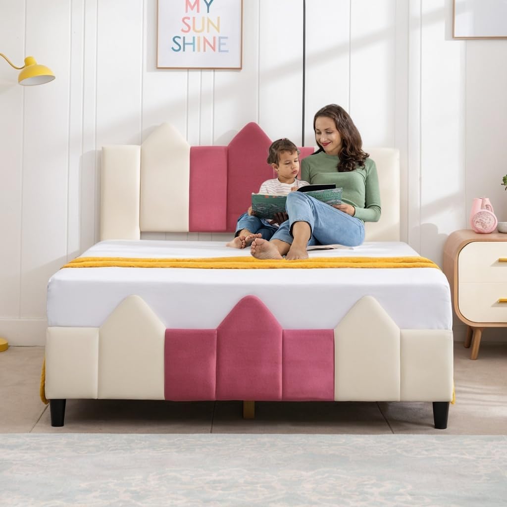 MJkone Twin Girl's Pink Princess Castle Style Upholstered Bed - No Springs Easy Assembly Kids Furniture for Bedroom Decor & Fantasy Playroom