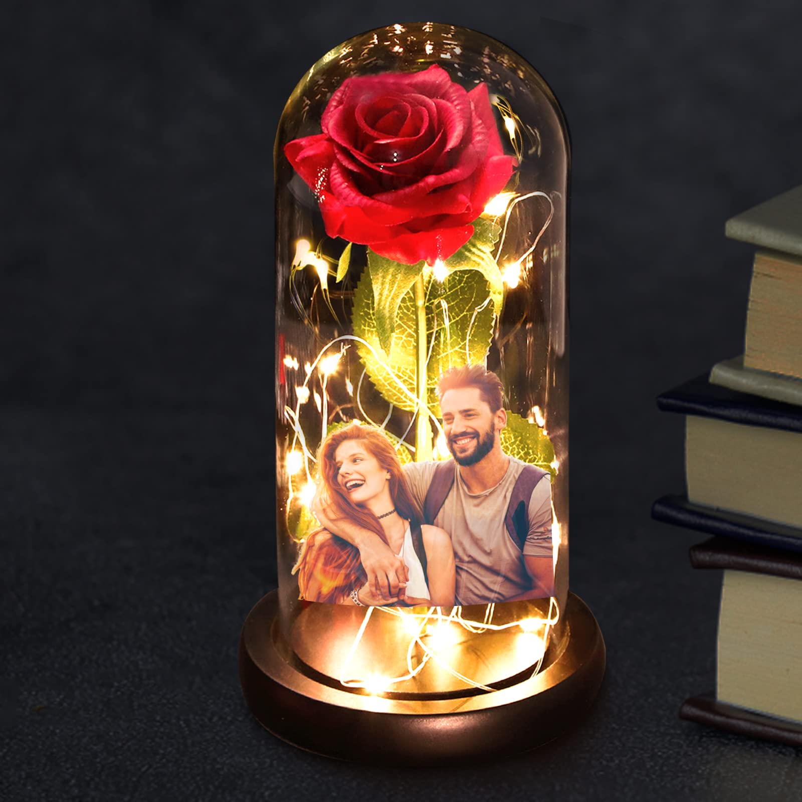 Custom Beauty and The Beast Rose Night Light - Personalized Glass Dome Photo Lamp - Unique Wedding Anniversary Gift & Home Decor for Bedroom, Valentine's Day, Christmas Party